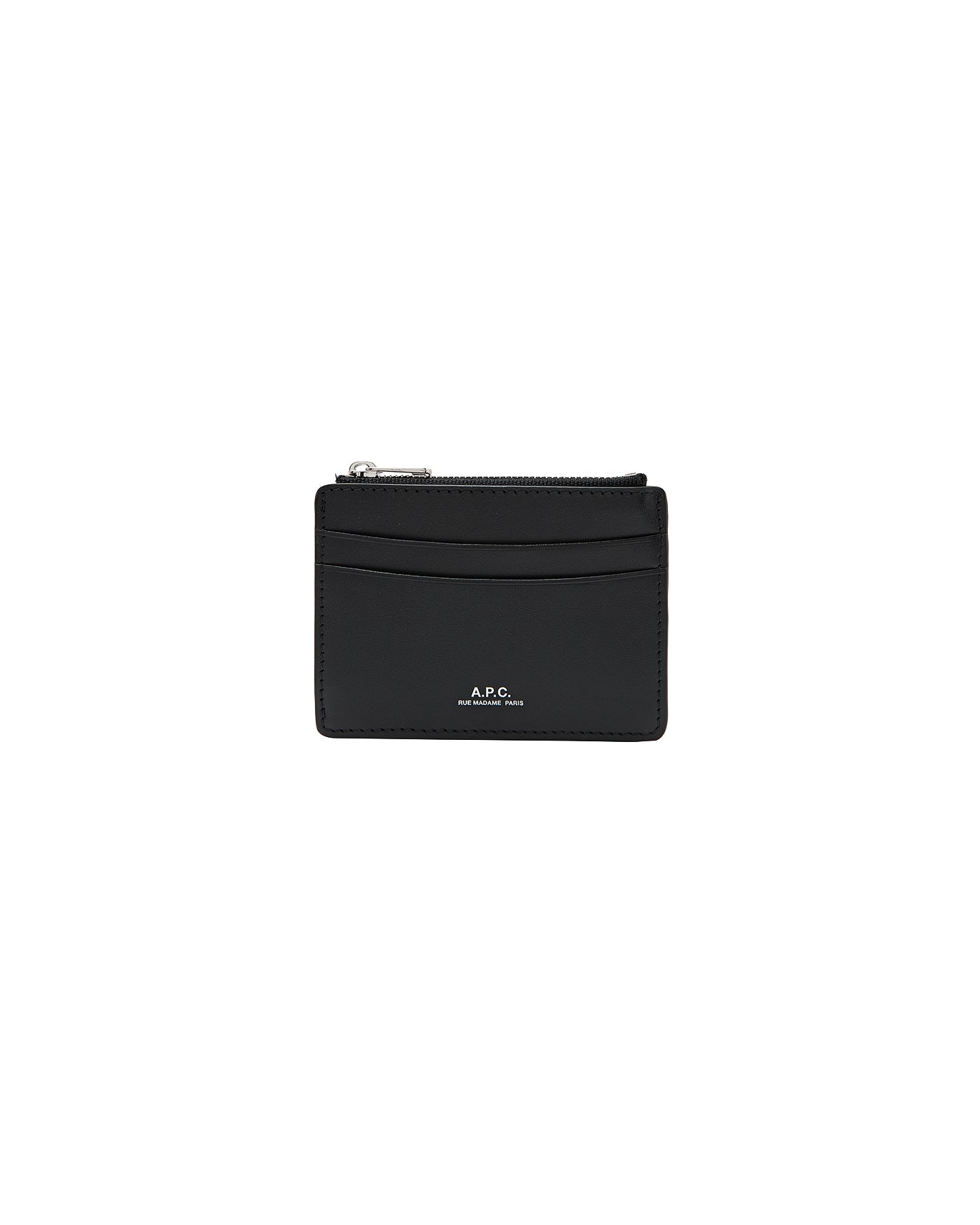 Porte-cartes zippé cuir noir lisse A.P.C Paris zip argent face