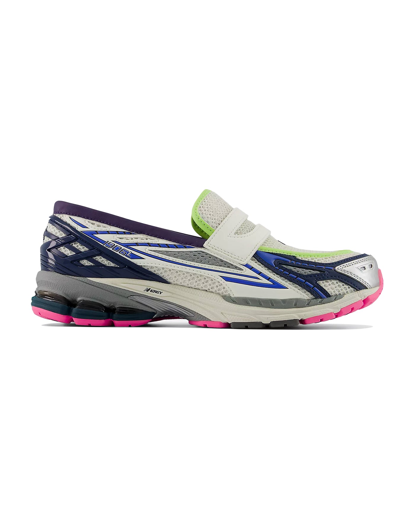 Sneakers New Balance 1906L blanc argent bleu marine et rose fuchsia profil droit
