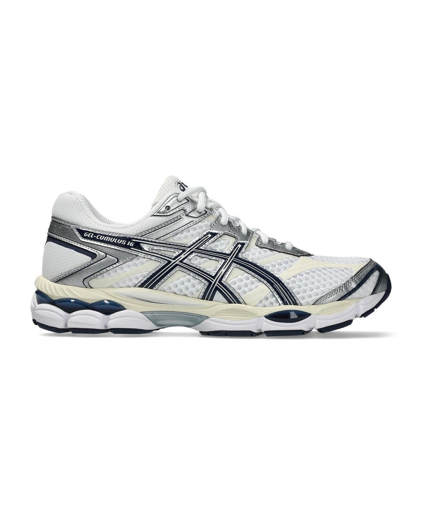 Sneakers Asics Gel-Cumulus 16 blanc et bleu marine profil gauche