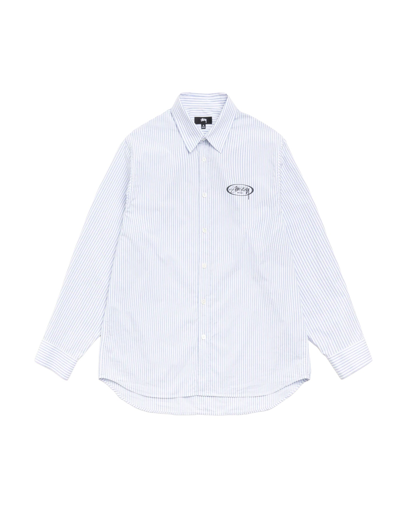 Chemise Stüssy rayures bleu et blanc logo brodé poitrine vue face