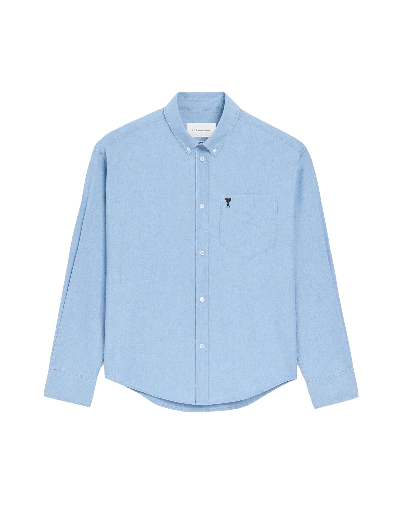 Chemise Ami Paris bleu ciel col boutonné logo cœur noir poche poitrine face