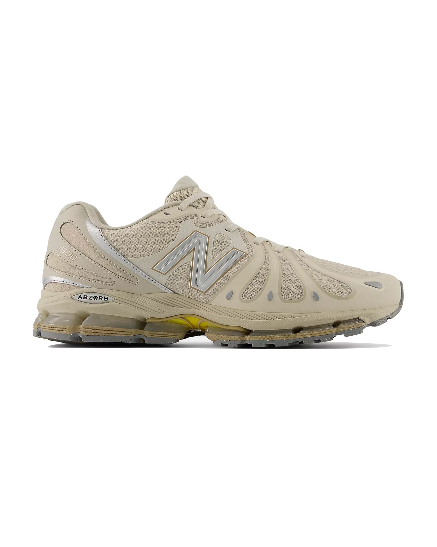 Sneakers New Balance U1890 beige et argent semelle jaune profil gauche