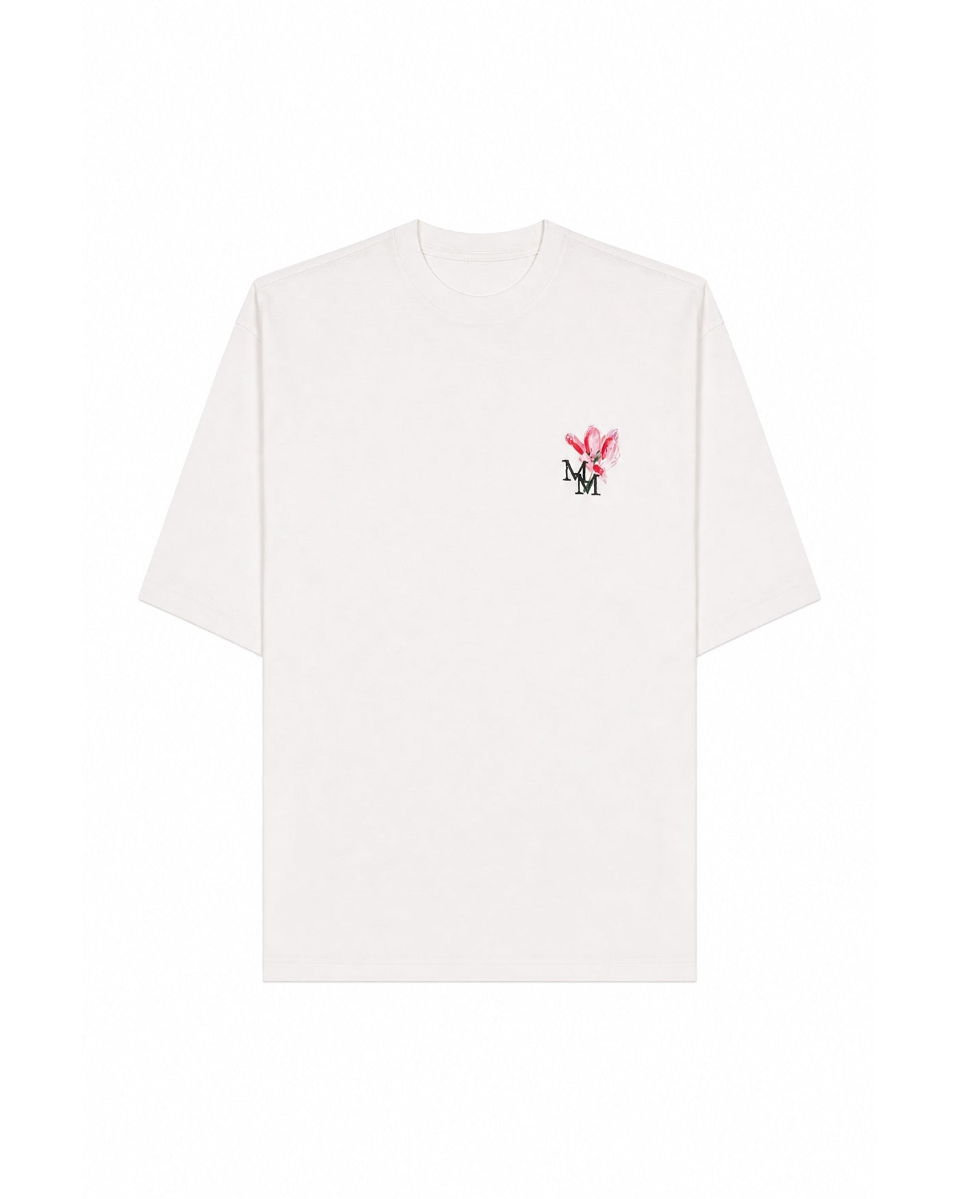 T-shirt Maison Margiela blanc logo MM fleur rose face à plat