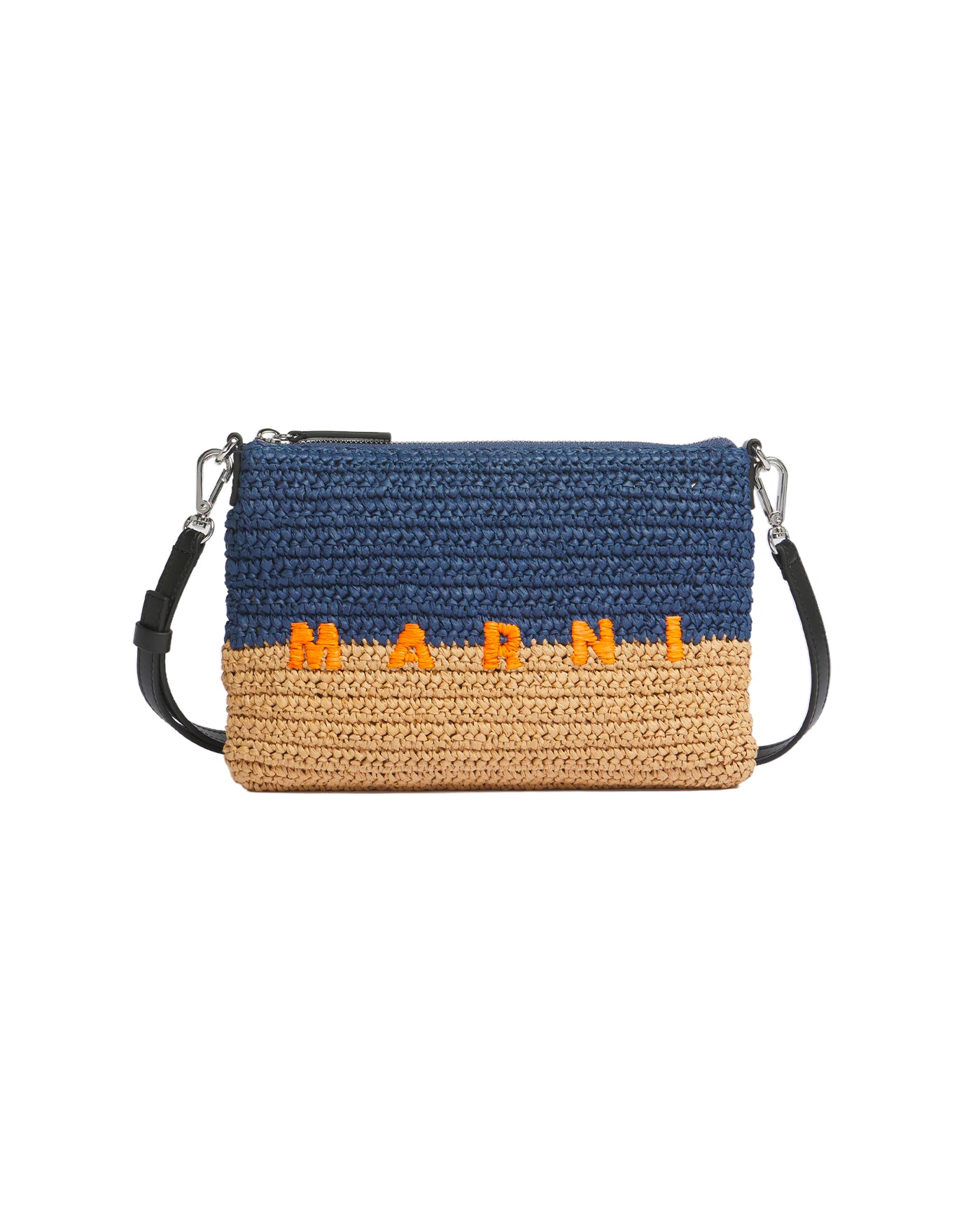 Pochette Marni bleue et beige en raphia tressé logo orange face