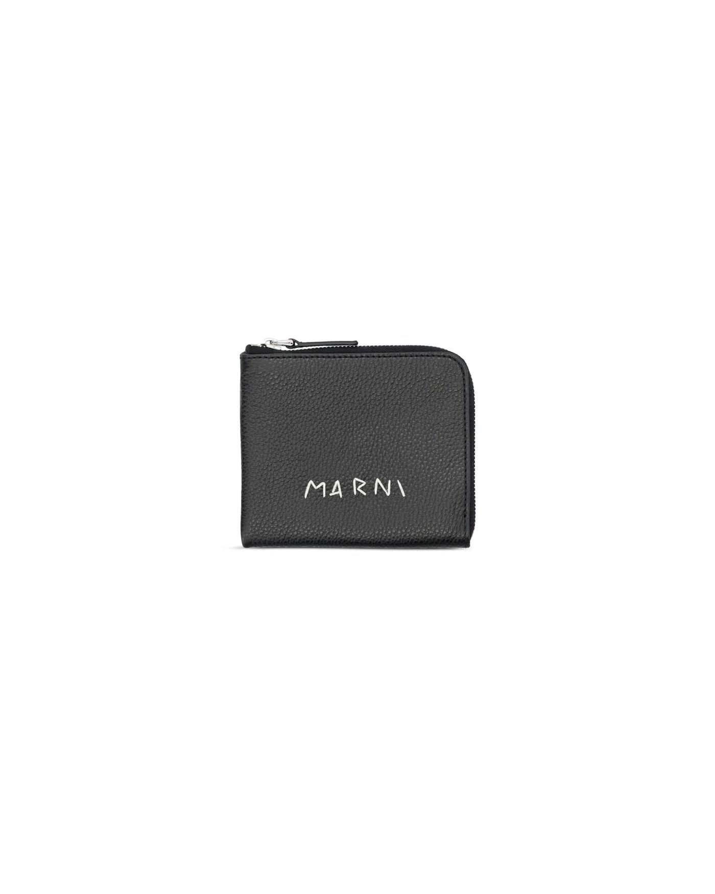 Portefeuille Marni noir cuir grainé logo brodé face zip demi-tour