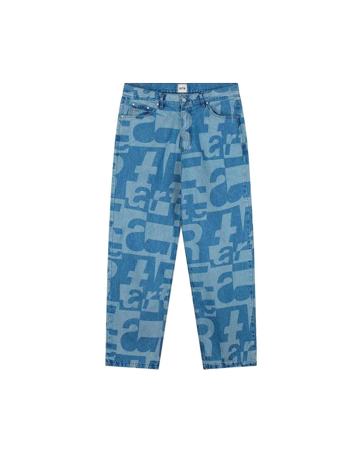Pantalon Arte Antwerp denim brut bleu imprimé all-over lettres face