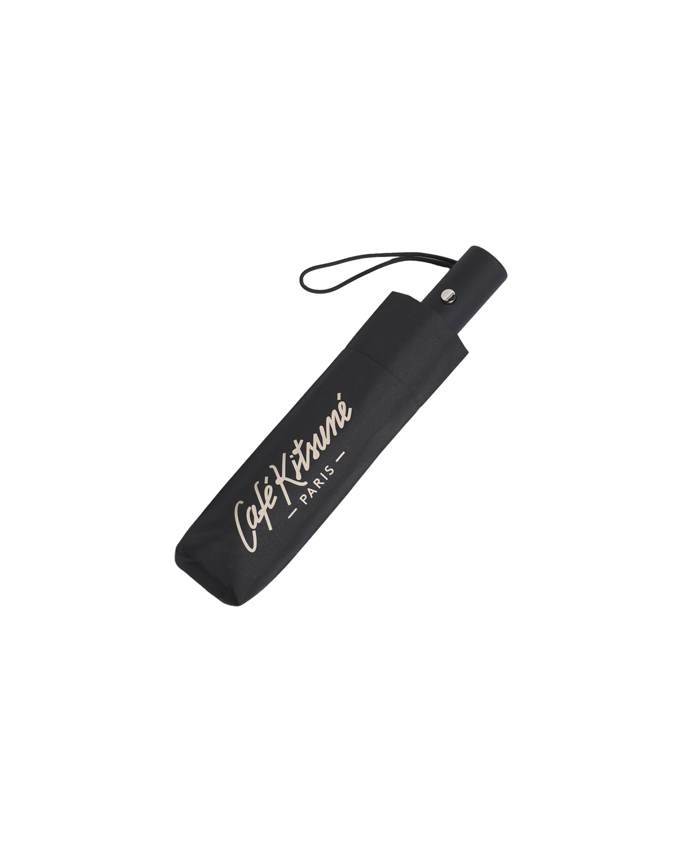 Parapluie pliant Café Kitsuné Paris noir logo crème replié vue face