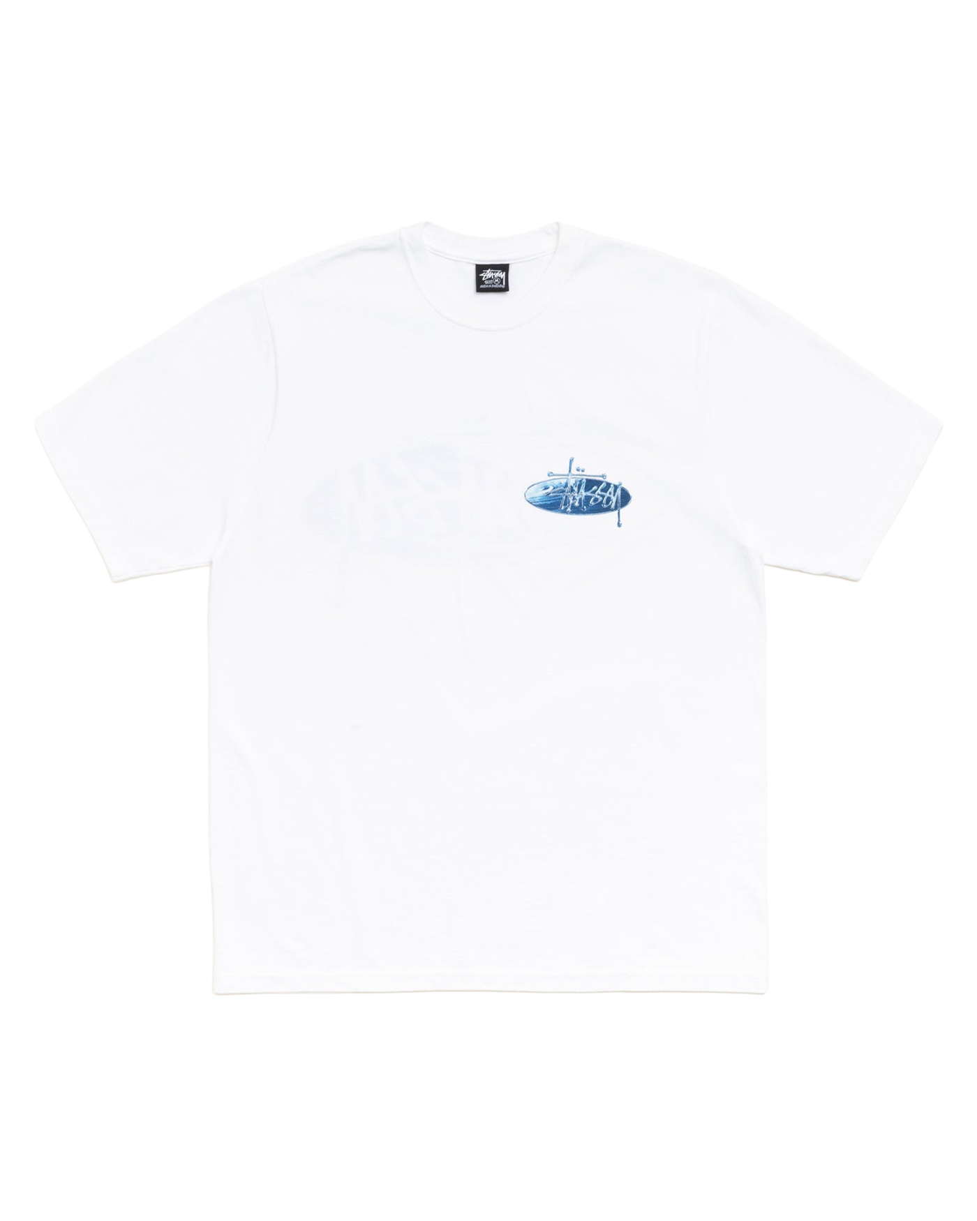 T-shirt Stüssy Wave Oval blanc avec logo ovale bleu poitrine face