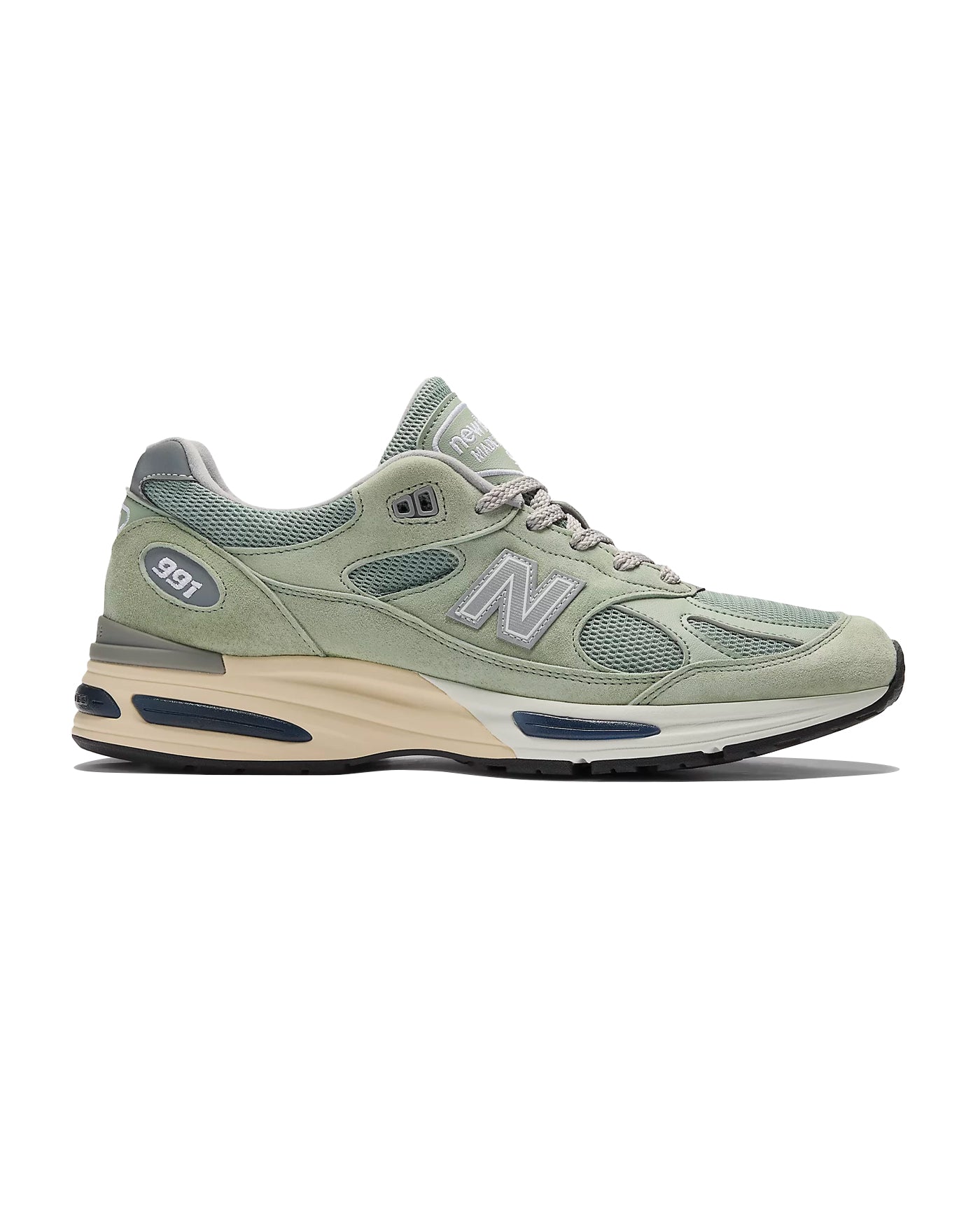 Sneakers New Balance 991v2 Made in UK vert sauge et argent profil droit