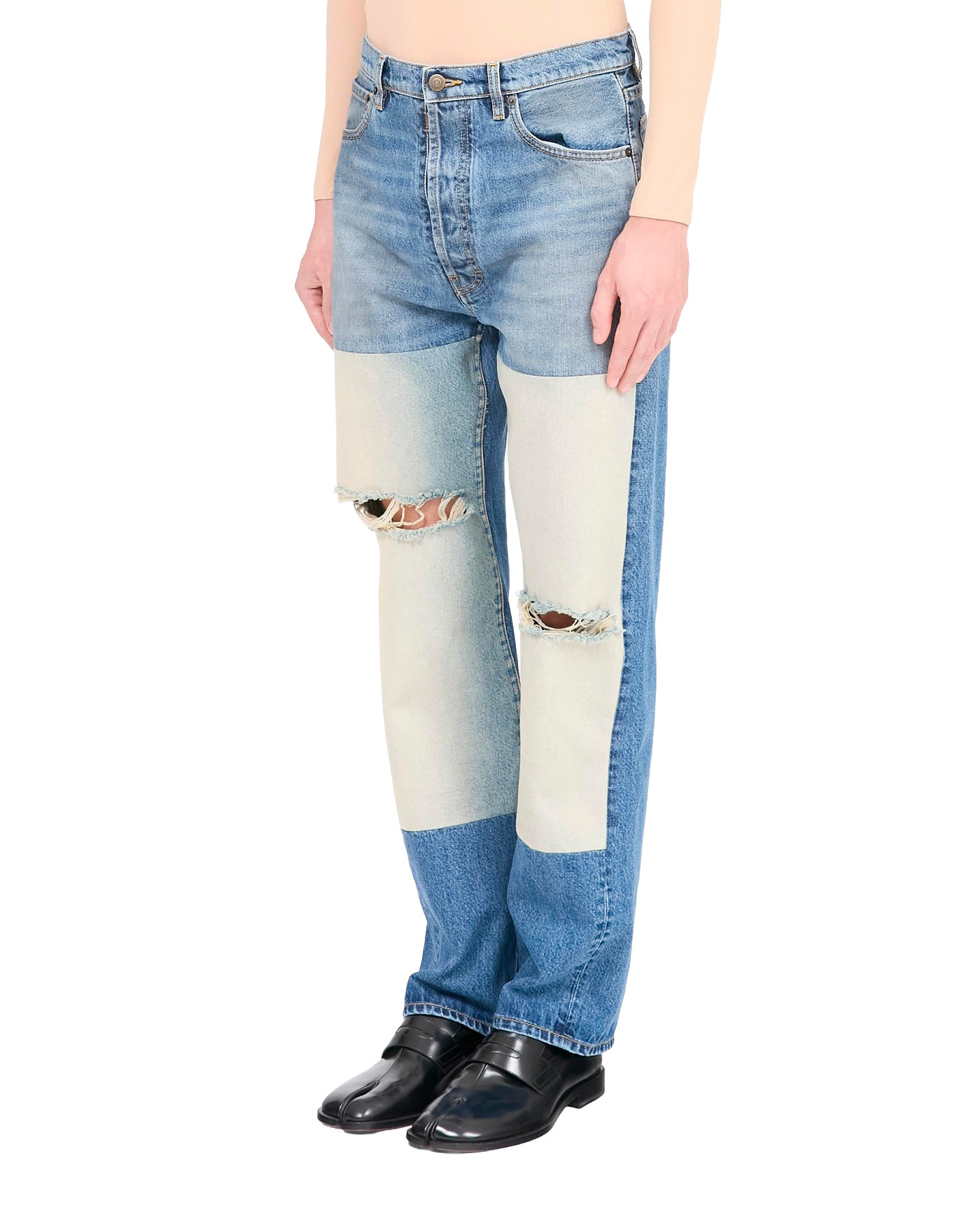 Jeans Maison Margiela bleu patchwork bicolore déchiré aux genoux profil droit