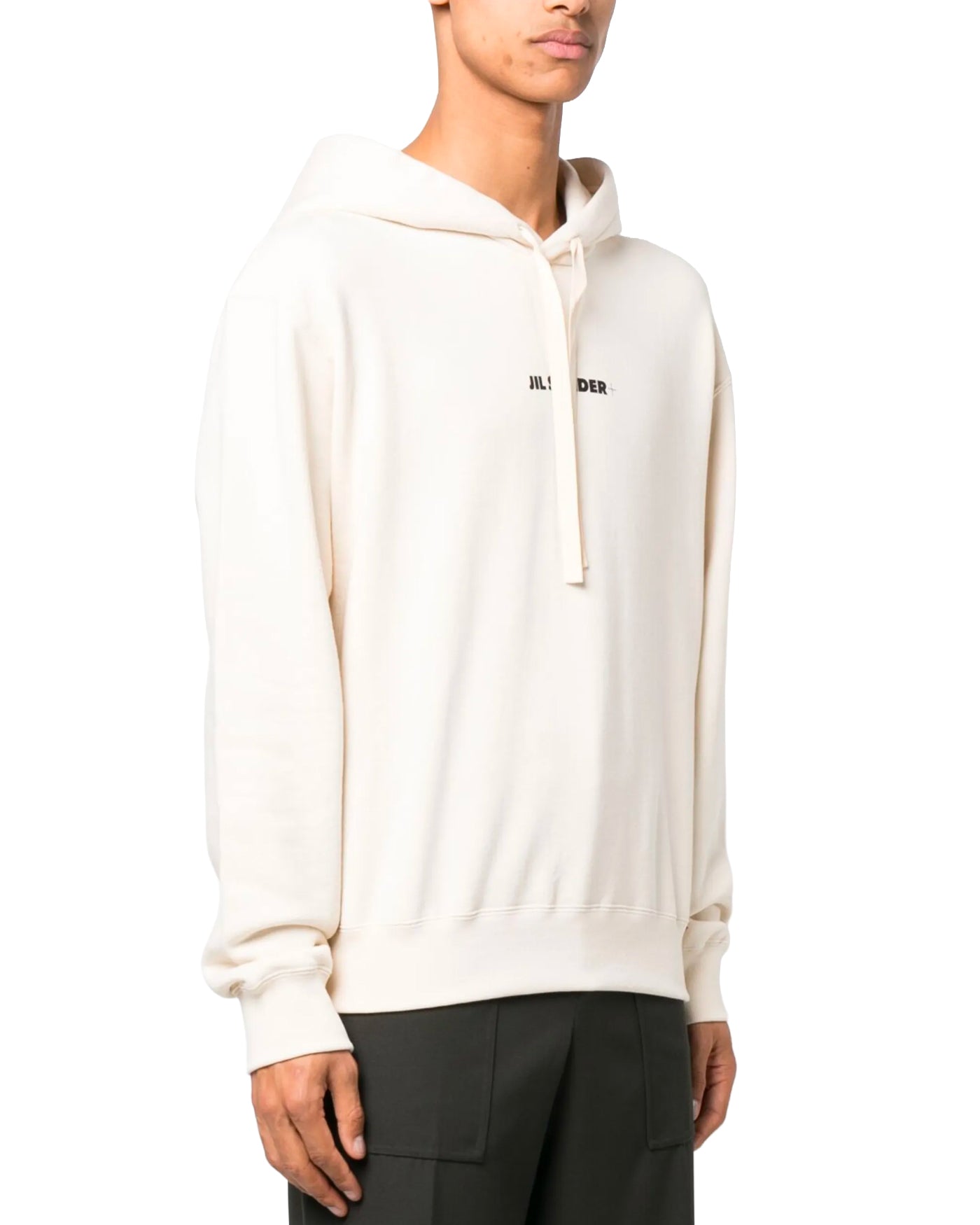 Sweat à capuche Jil Sander coton écru avec logo brodé profil droit