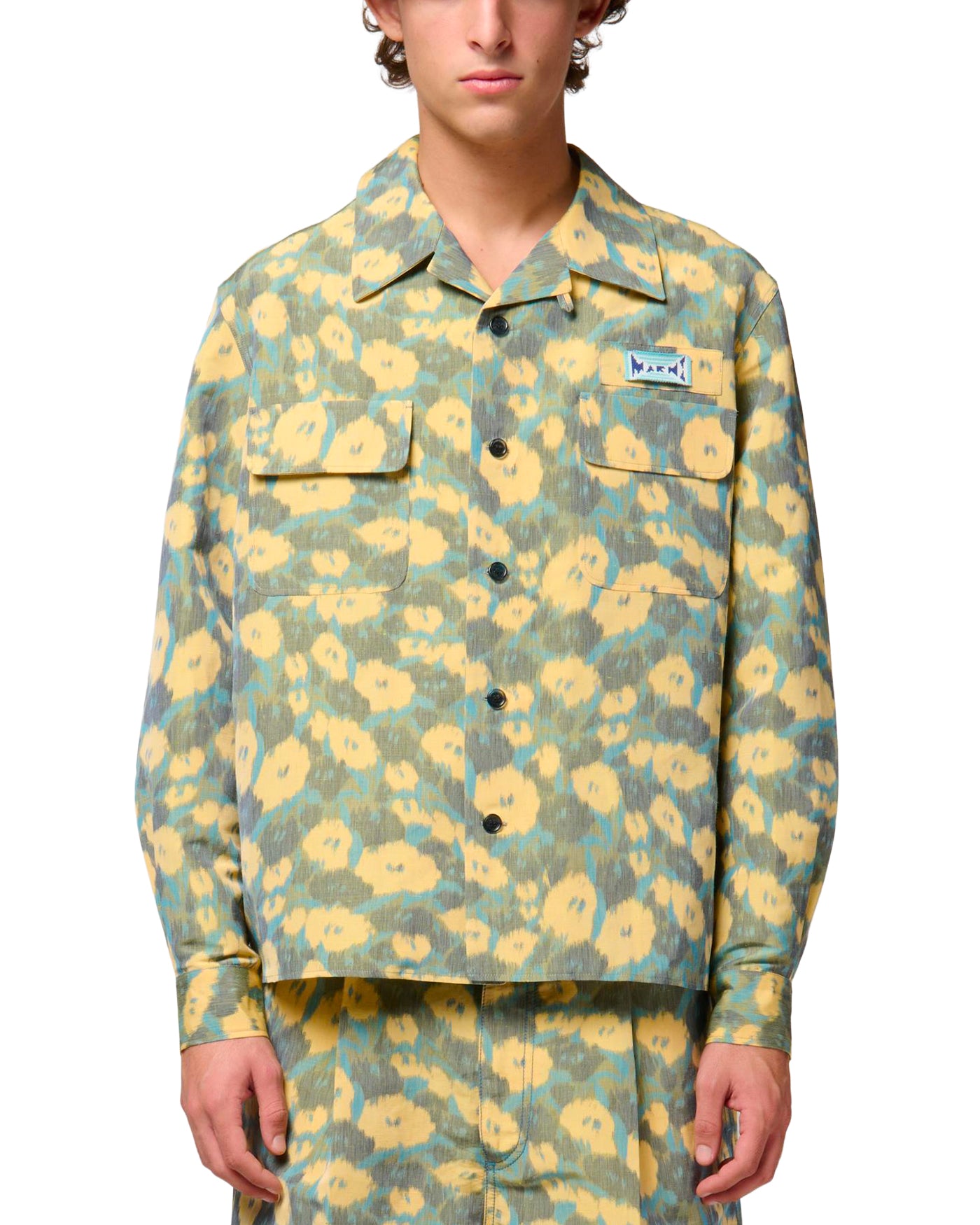 Chemise Marni floral jaune gris et bleu cobalt manches longues face