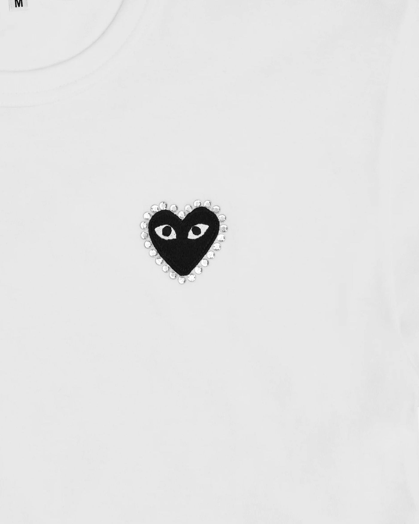 T-shirt Comme des Garçons Play blanc, détail cœur noir strass argent