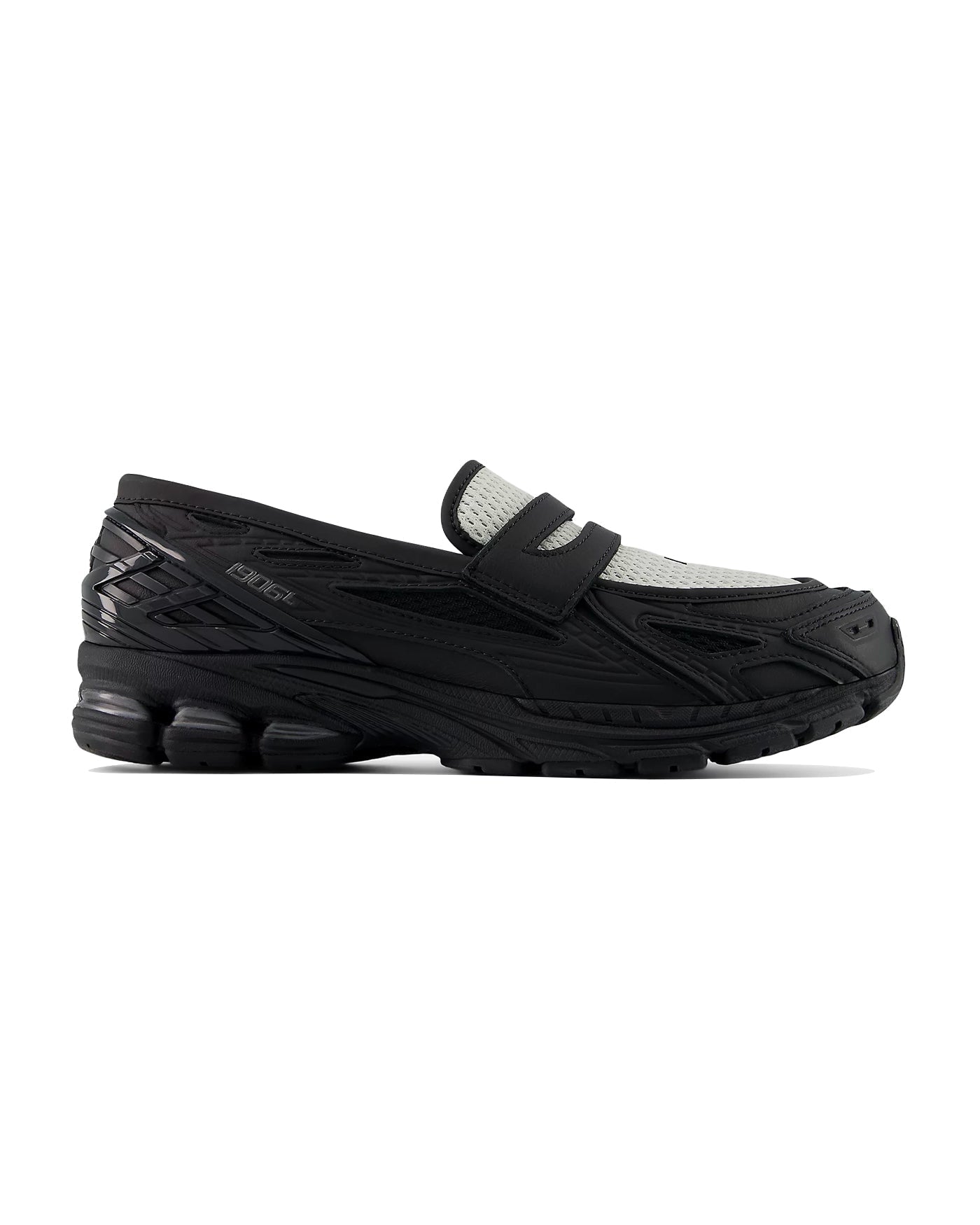 Sneakers New Balance 1906L noir et gris, bande mocassin, profil gauche