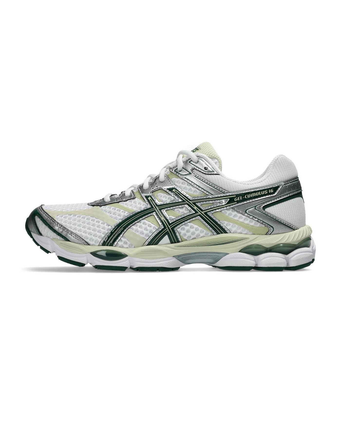 Sneakers Asics Gel-Cumulus 16 blanc et vert forêt profil gauche