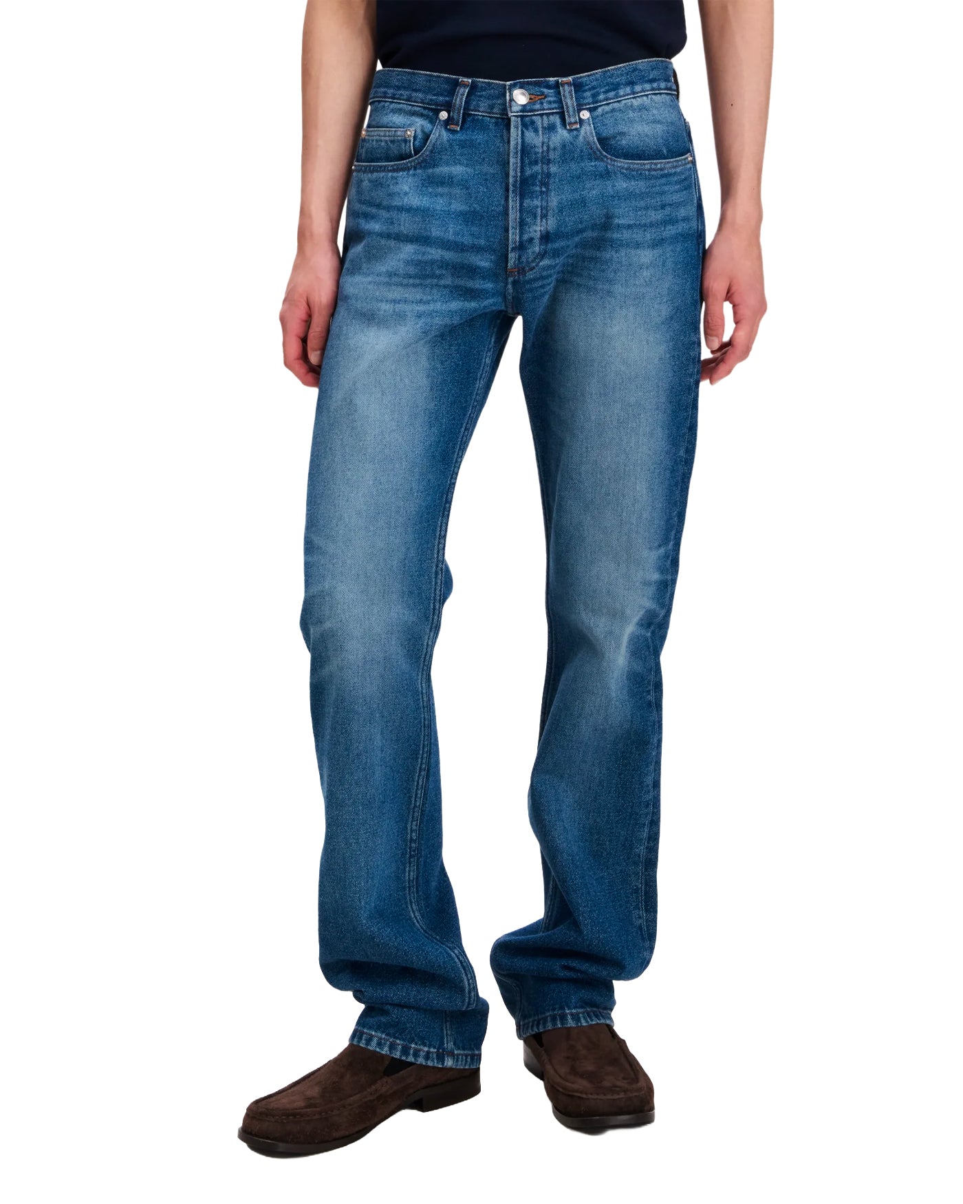 Jeans coupe droite A.P.C Rescue Indigo bleu délavé face porté homme
