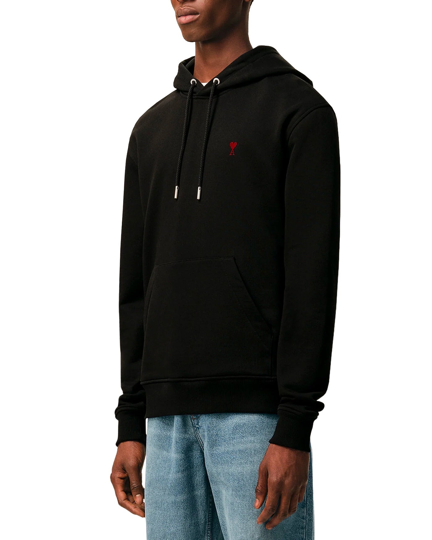 Sweat à capuche Ami Paris noir logo cœur rouge brodé profil gauche