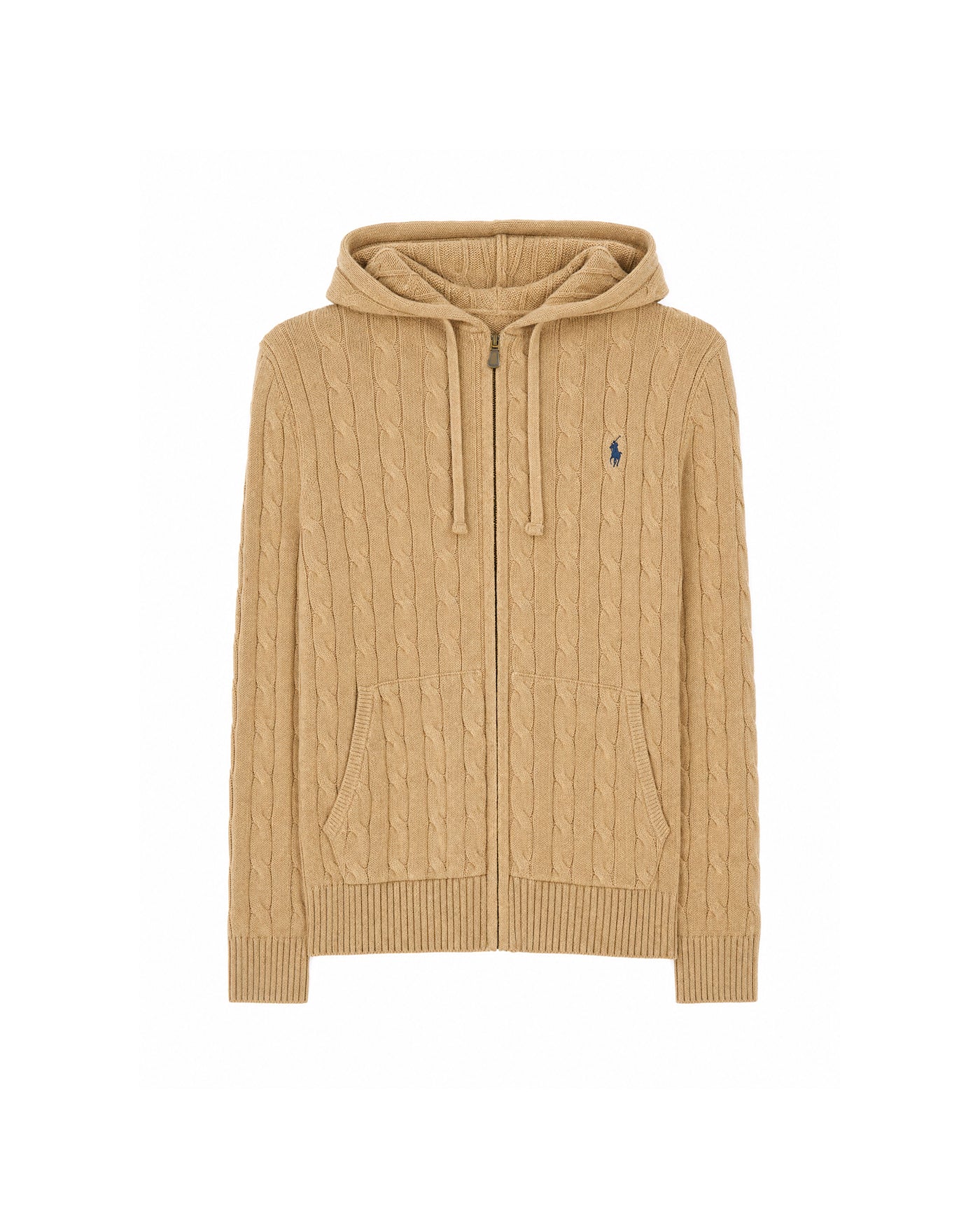 Sweat zippé à capuche Ralph Lauren tricot torsadé camel vue face