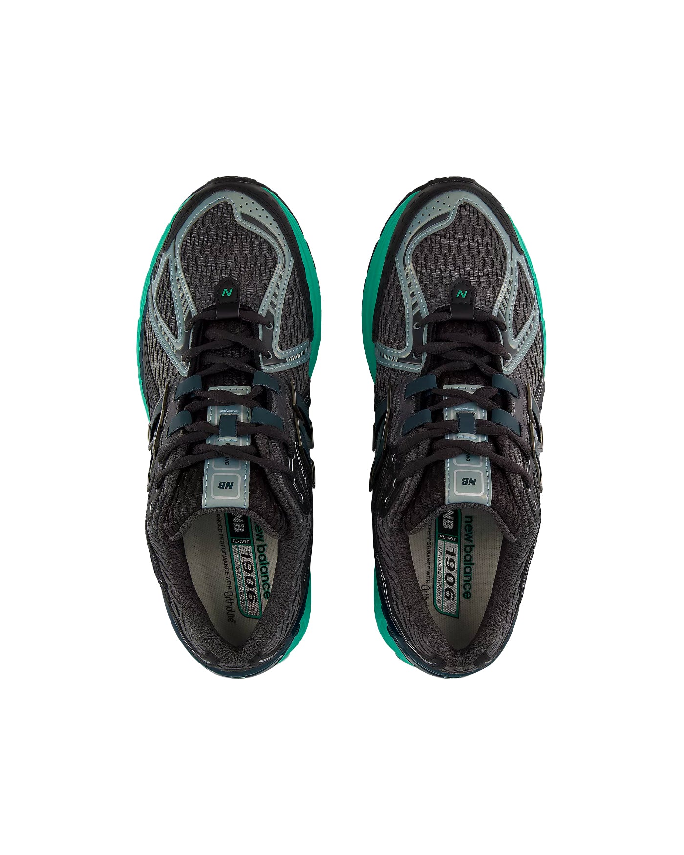 Sneakers New Balance 1906R noires et vert émeraude vue du dessus