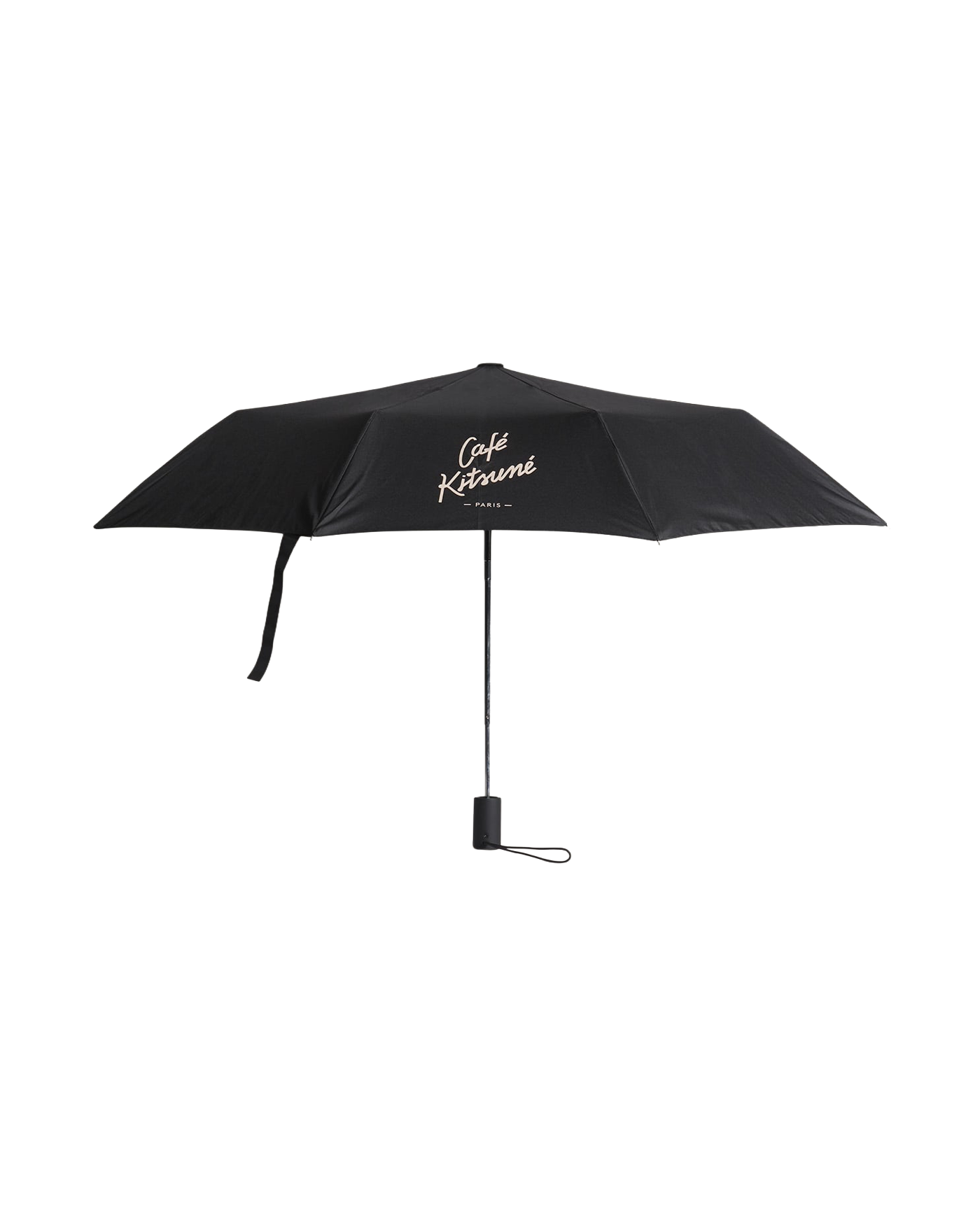 Parapluie pliant Café Kitsuné Paris noir logo crème déployé profil gauche