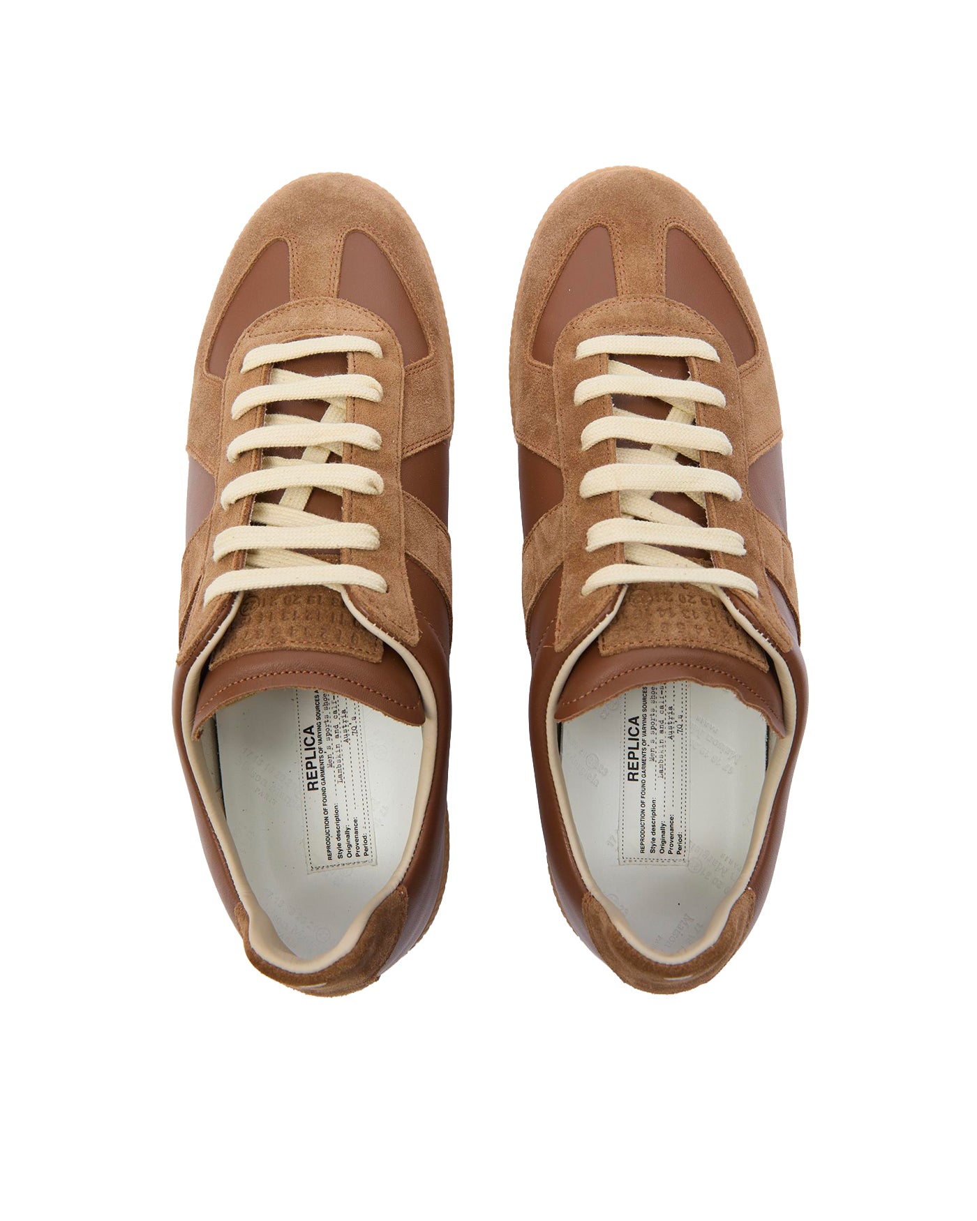 Sneakers Replica Maison Margiela brun cuir daim lacets écrus vue dessus