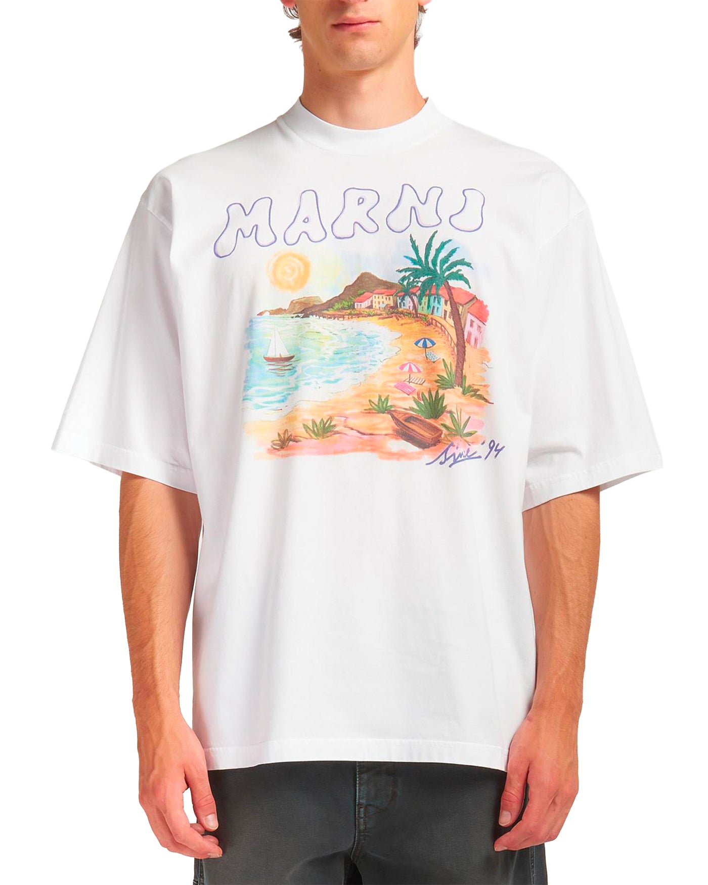 T-shirt Marni blanc imprimé plage colorée logo Marni porté face