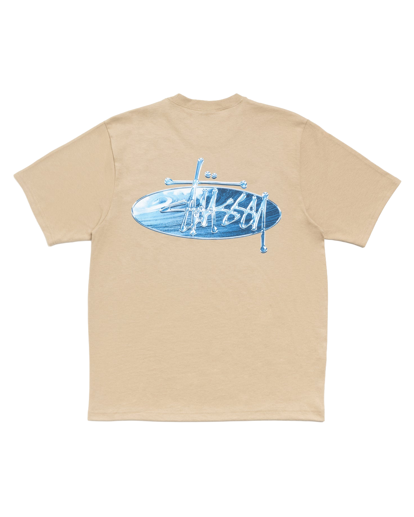 T-shirt Stüssy Wave Oval kaki avec grand logo ovale bleu dos