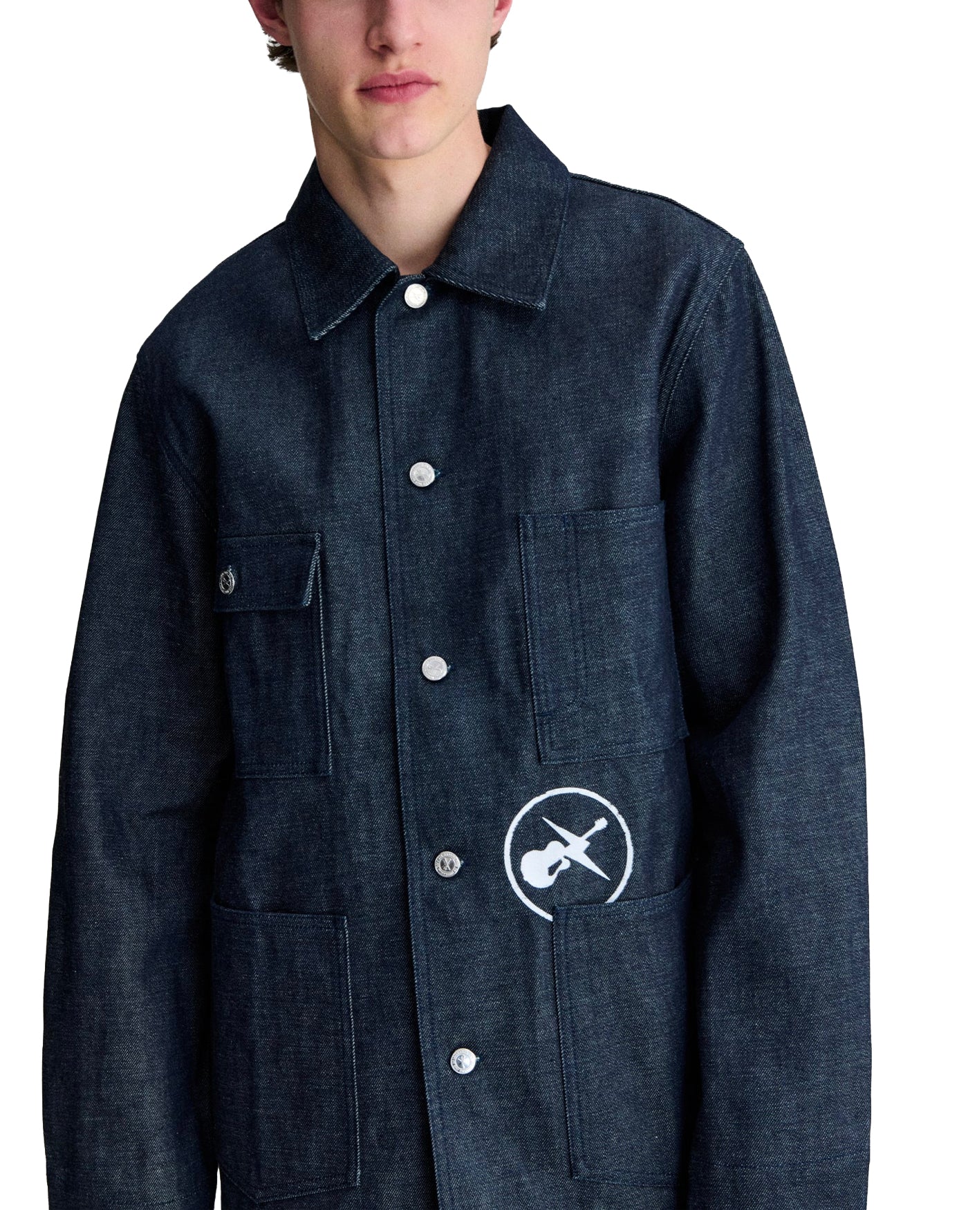 Veste A.P.C. FRGMT. Grand Jack denim indigo portée détail face