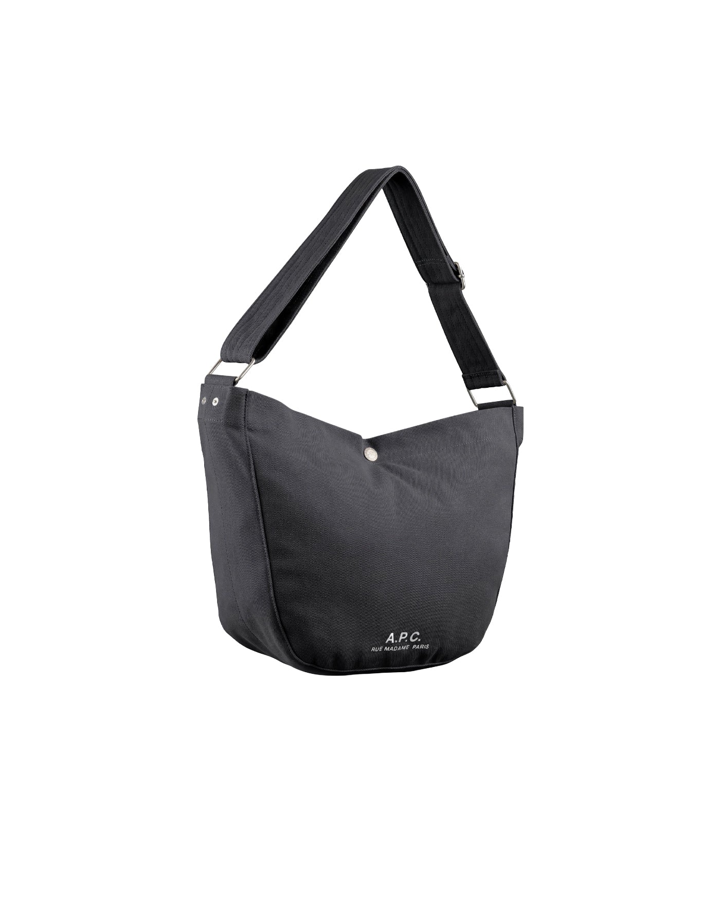Sac besace Journal A.P.C. noir avec bandoulière, profil droit