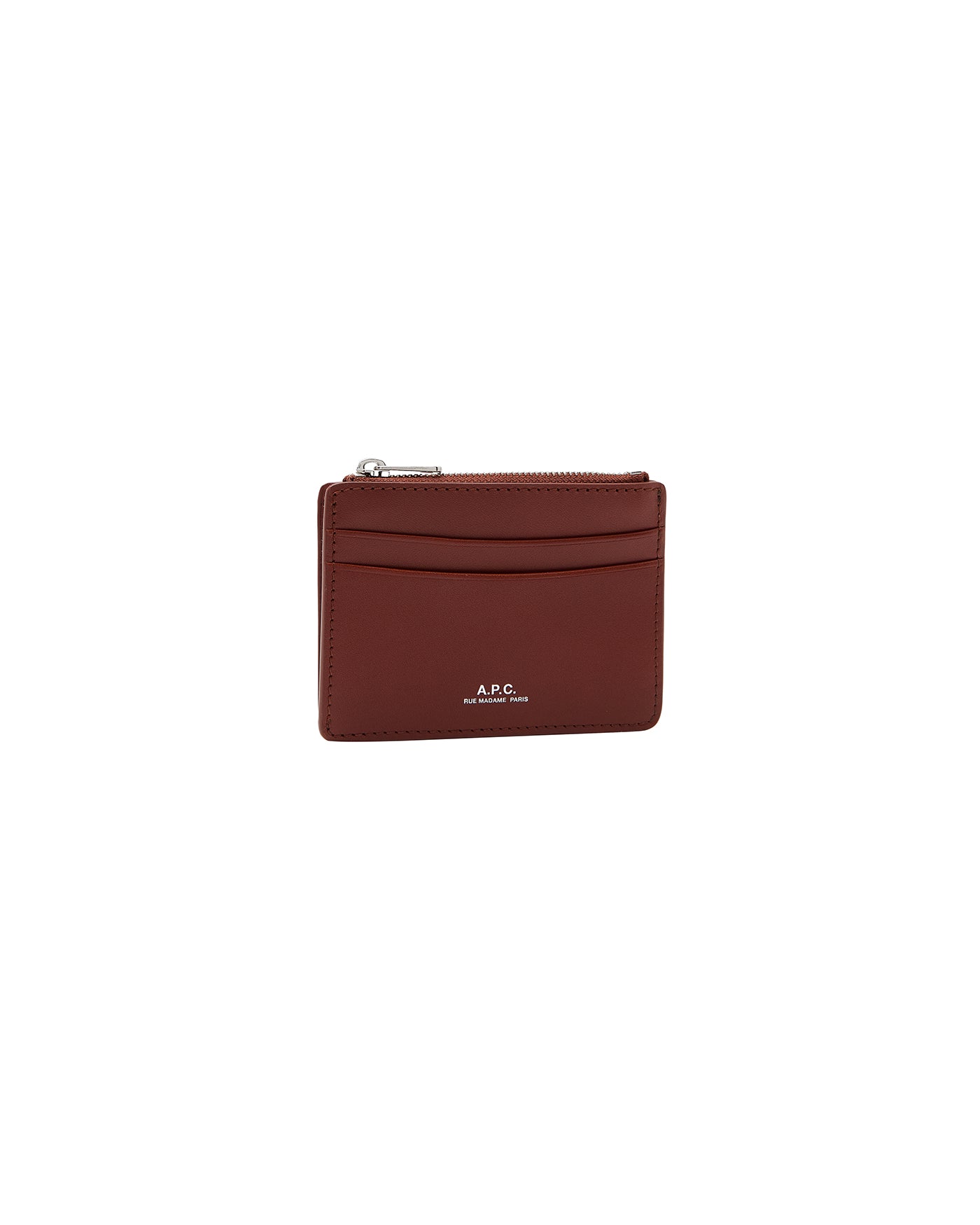 Porte-cartes zip Paris A.P.C noisette cuir profil droit logo blanc
