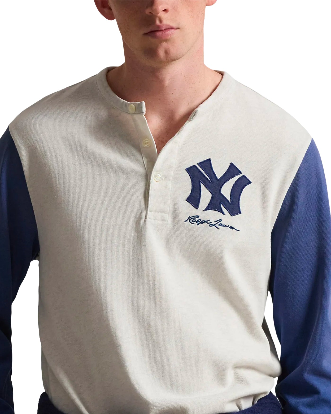 T-shirt manches longues Ralph Lauren x Yankees écru bleu logo NY zoom face