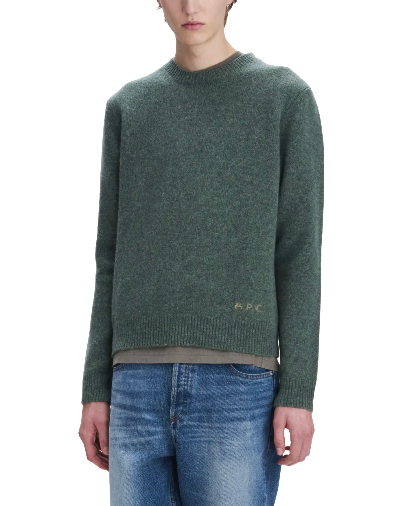 Pull A.P.C. Edmond vert chiné col rond maille laine profil droit
