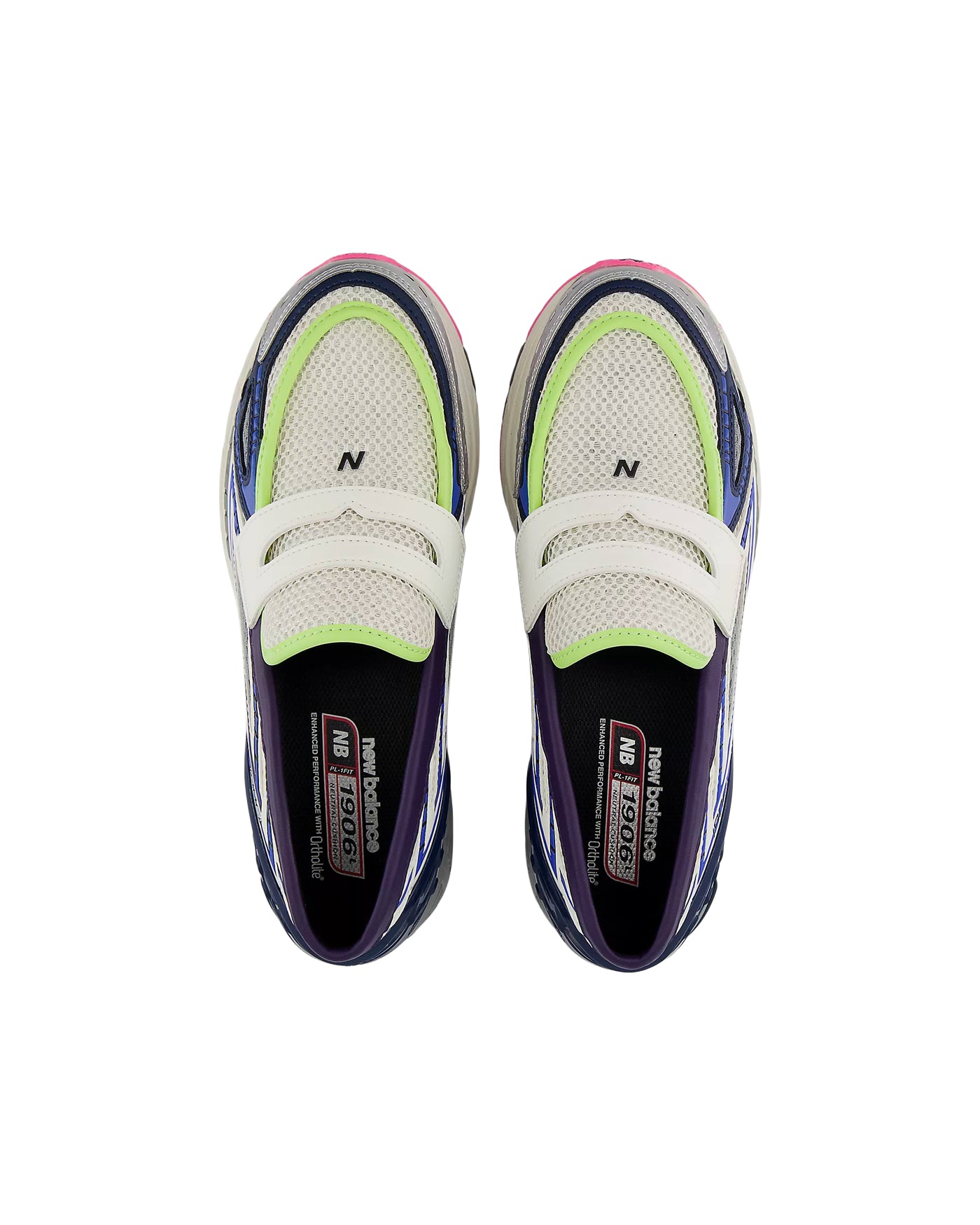 Sneakers New Balance 1906L blanc vert fluo et bleu marine vue du dessus