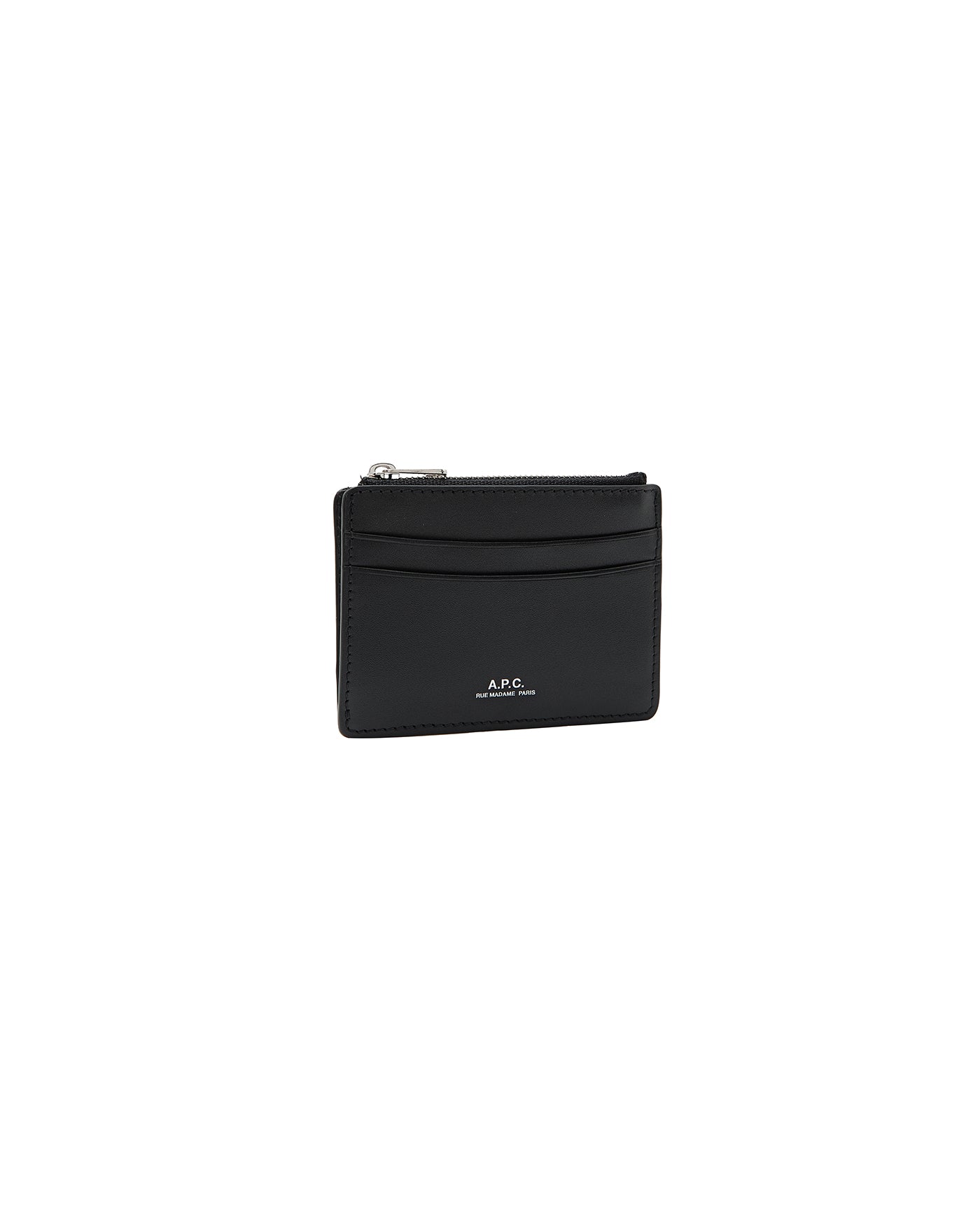 Porte-cartes zippé cuir noir A.P.C Paris zip argent profil gauche