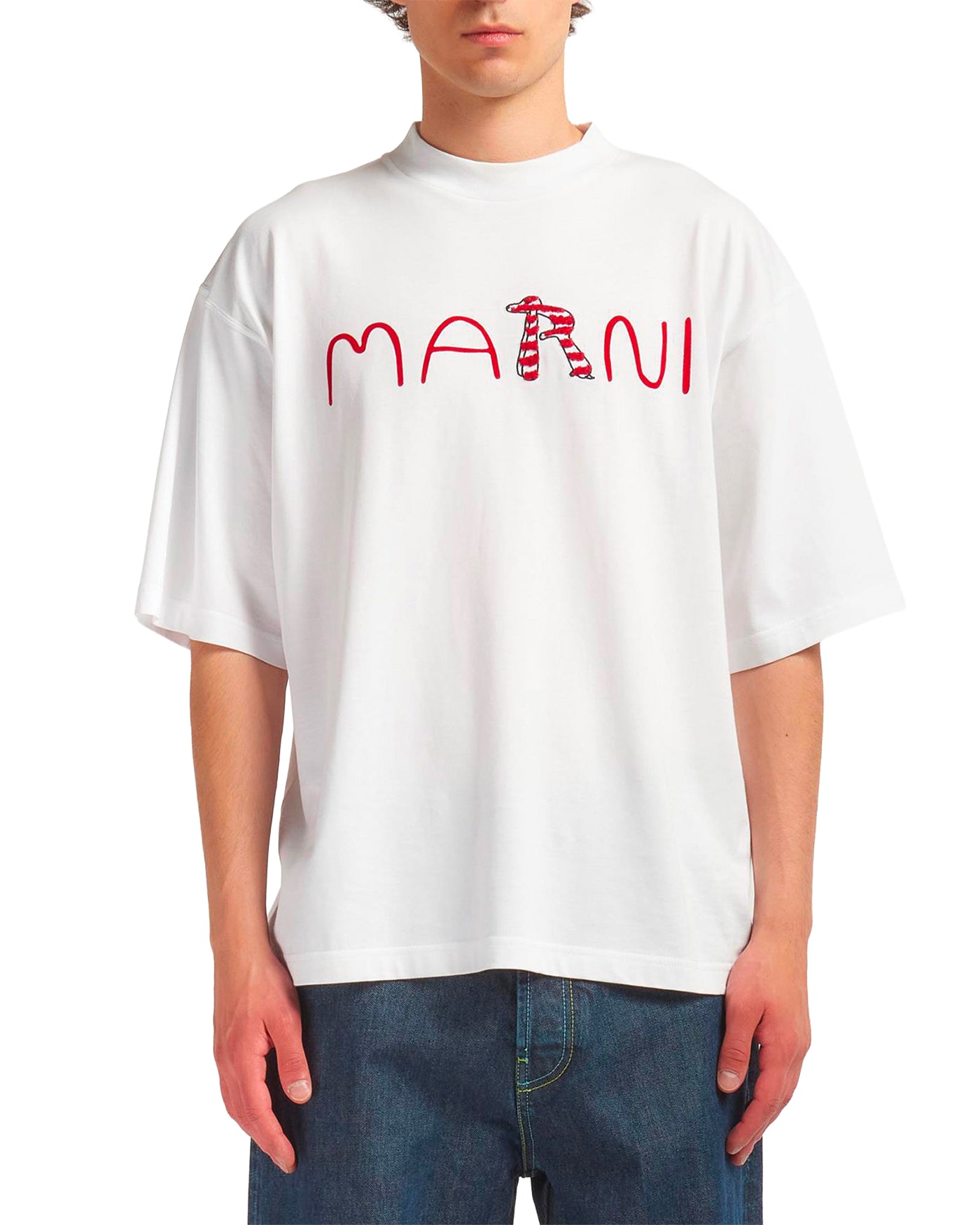 T-shirt Marni blanc logo flocké rouge oversize porté manches courtes face