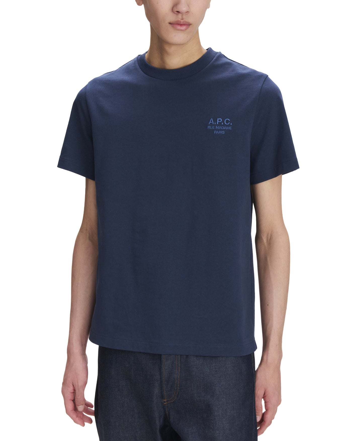 T-shirt A.P.C. Rue Madame Paris marine logo brodé poitrine vue face