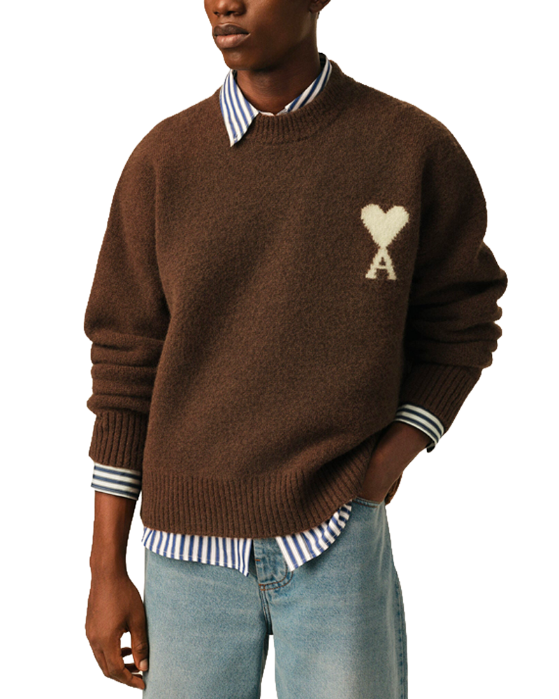 PULL COL ROND AMI DE COEUR MARRON CHOCOLAT/ECRU