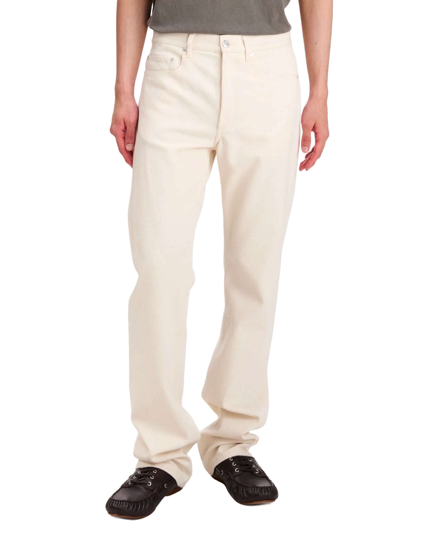 Jeans coupe droite A.P.C Rescue Blanc écru porté face demi-corps homme