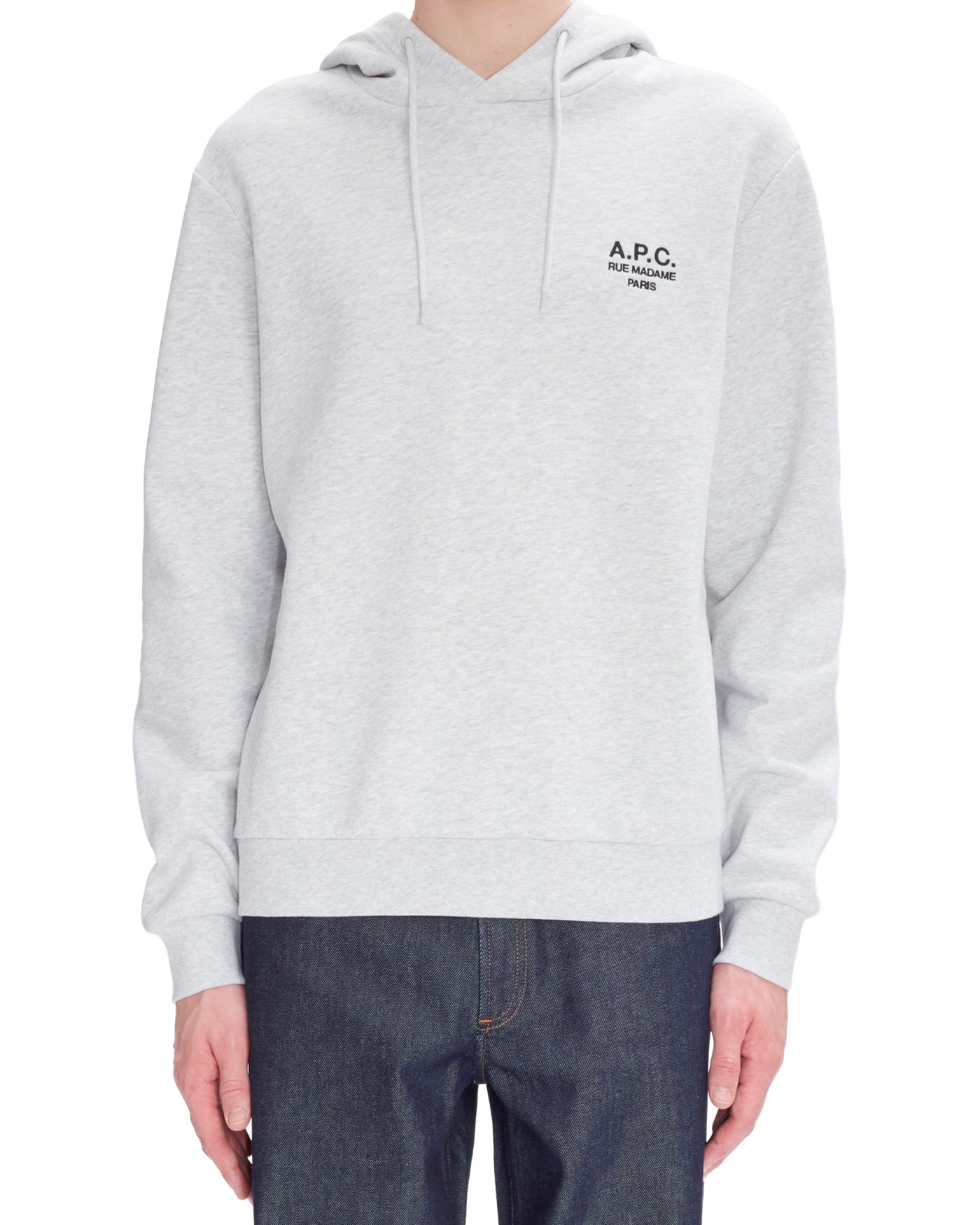 Sweat à capuche A.P.C Rue Madame gris chiné logo brodé face porté