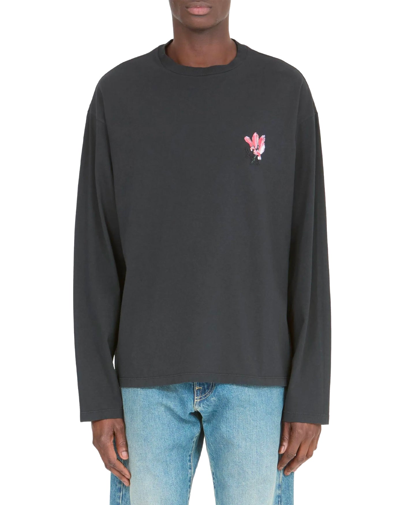 T-shirt manches longues Maison Margiela broderie fleur rose noir porté face