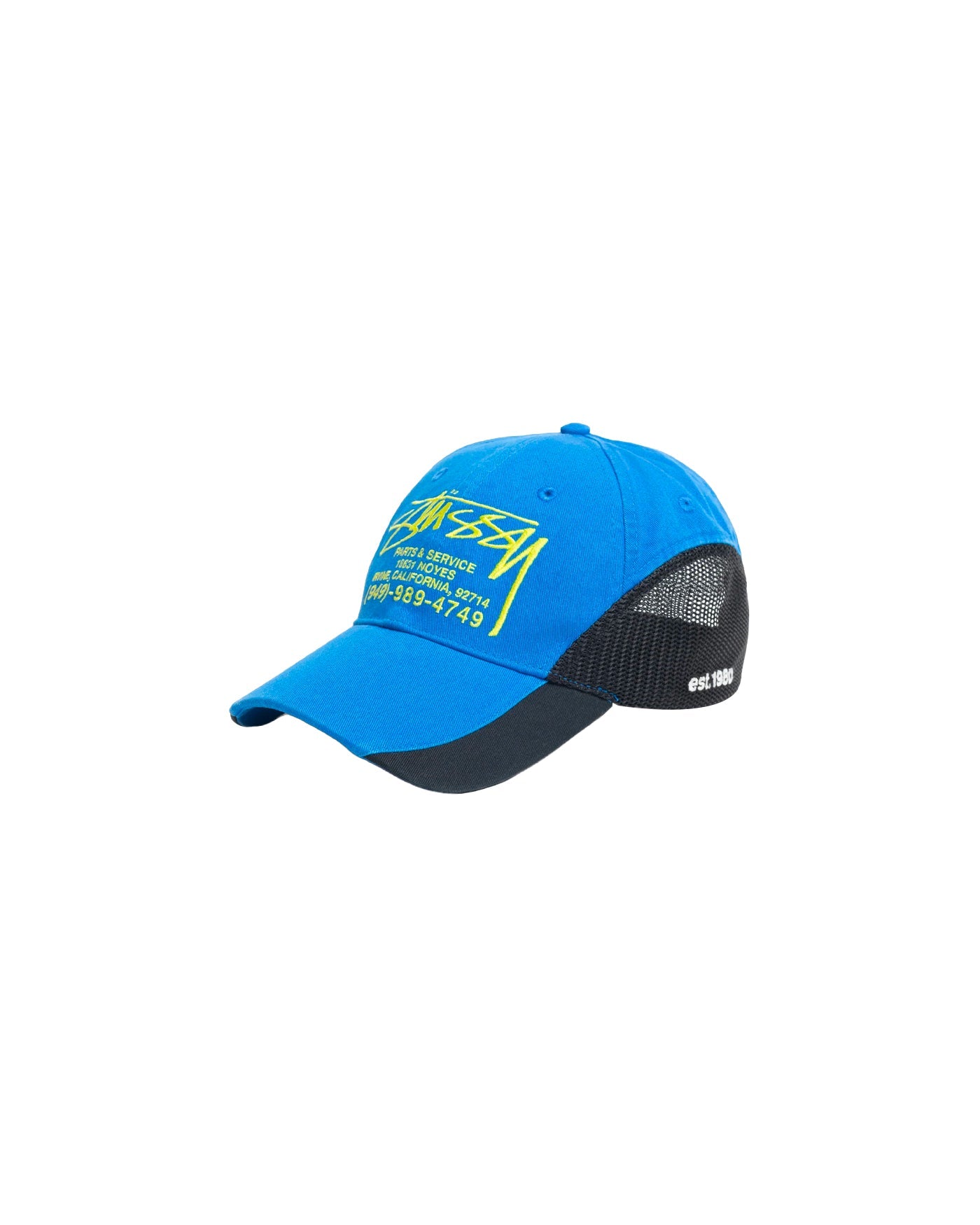 Casquette Stüssy Strapback LP Service Mesh bleue et noire profil droit