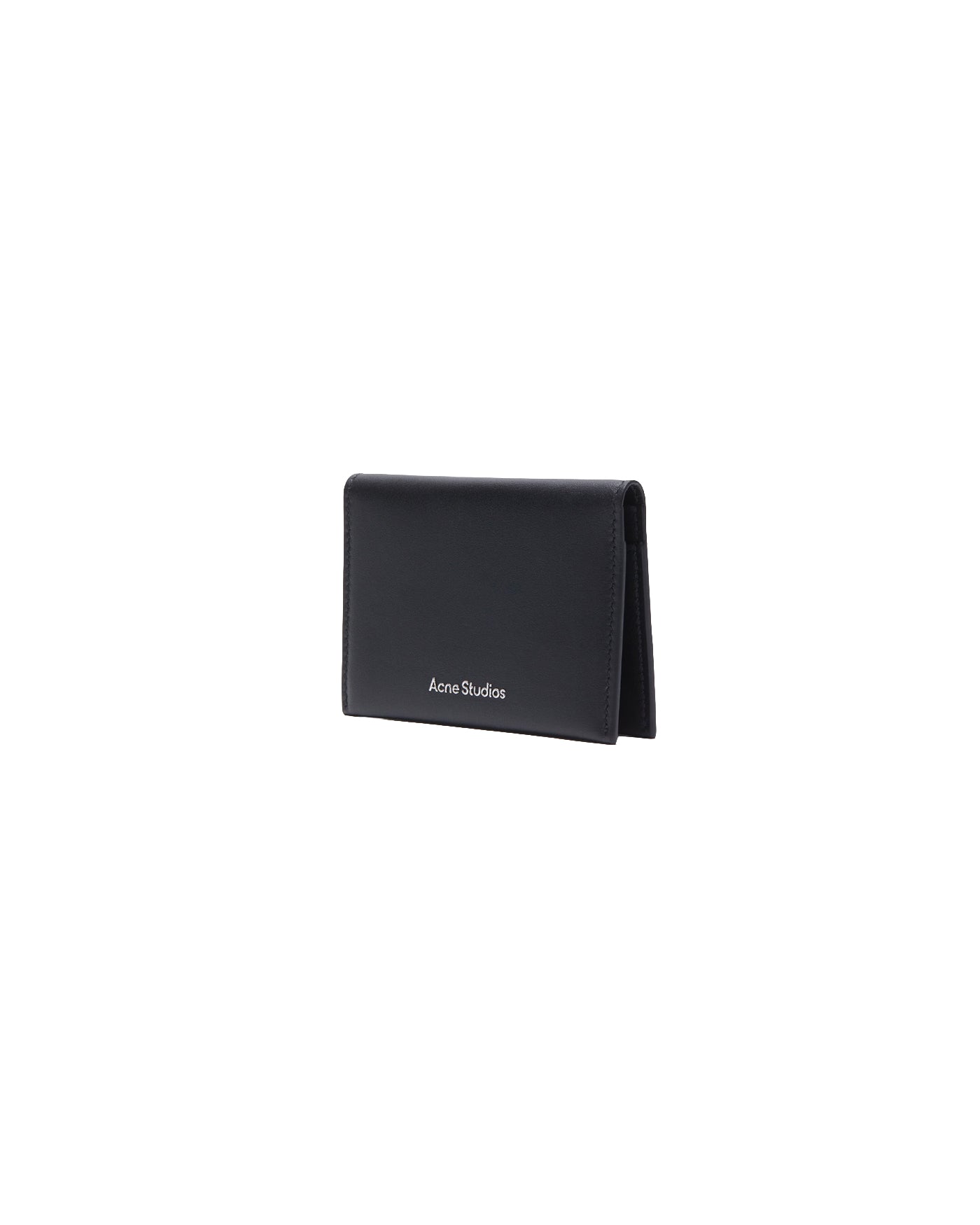 Portefeuille Acne Studios cuir noir ouvert profil gauche logo argenté