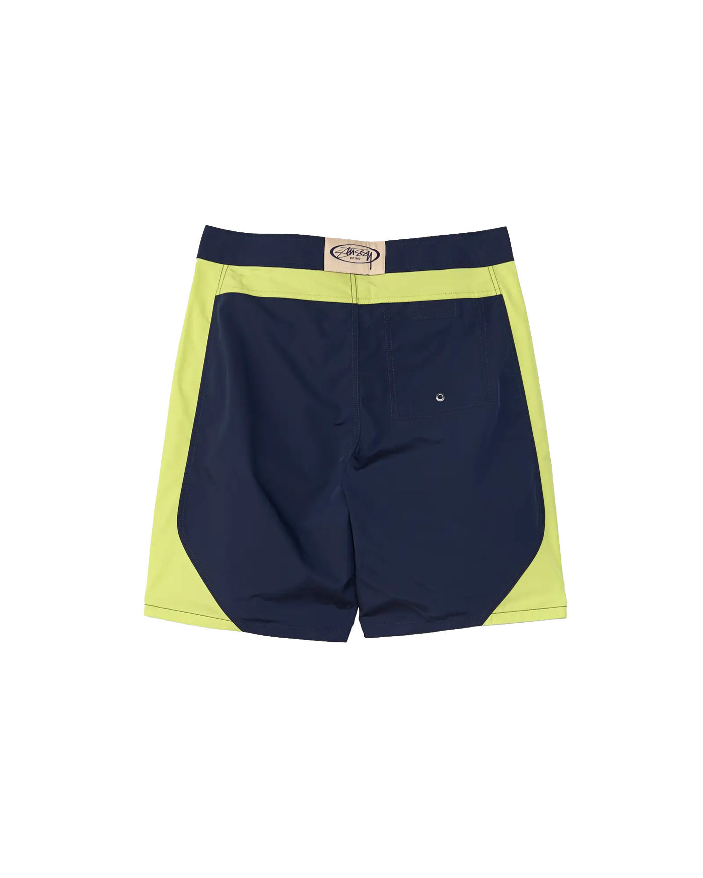 Short de bain Stüssy Octane Board marine et jaune fluo flatlay dos