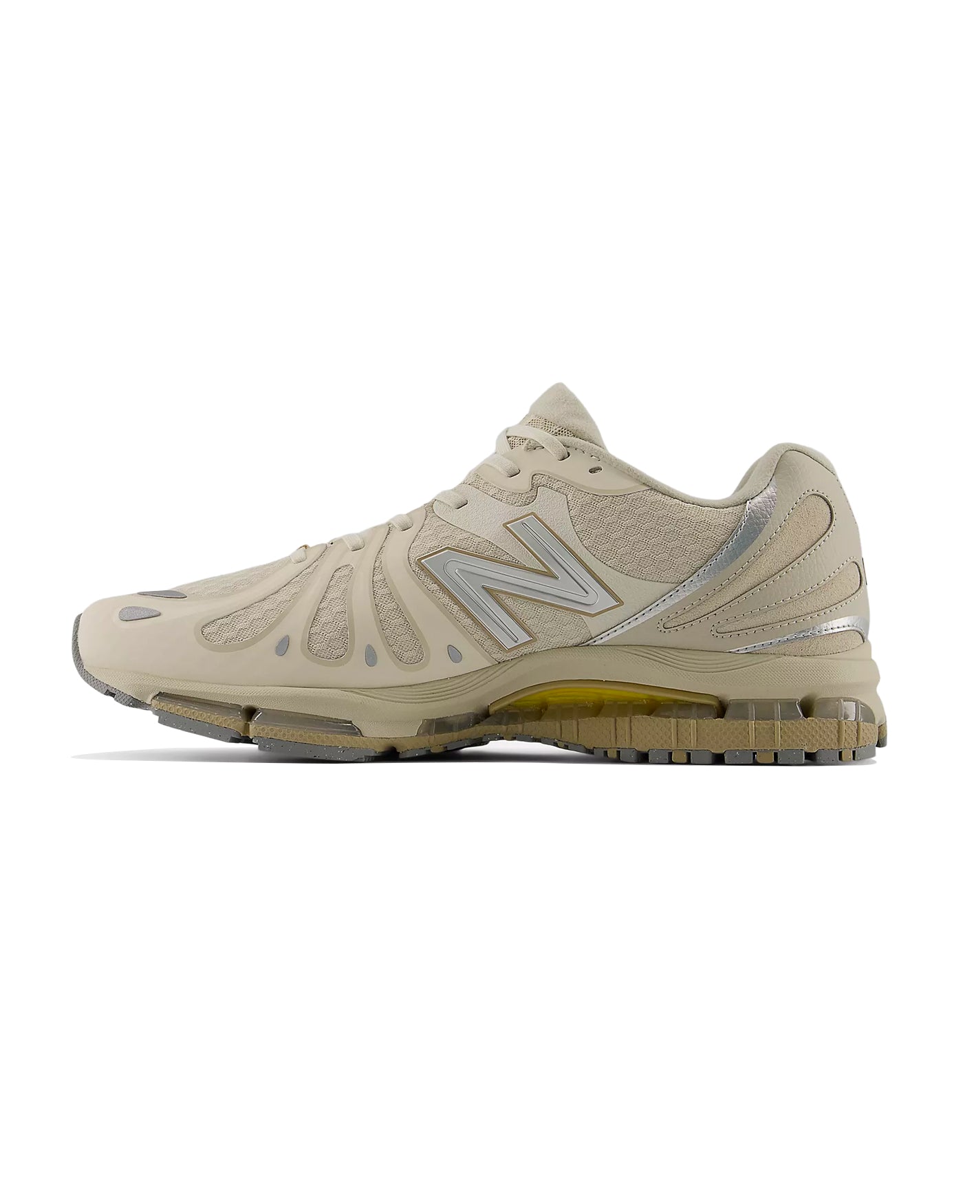 Sneakers New Balance U1890 beige et argent semelle jaune profil droit