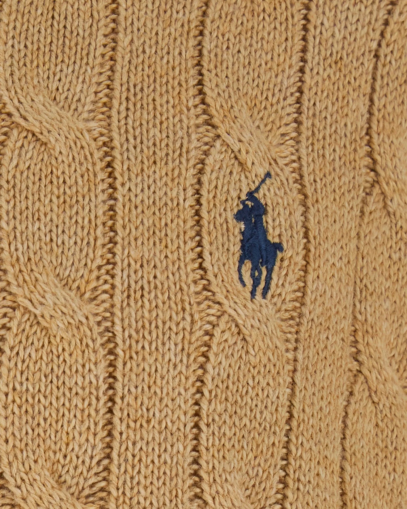 Sweat zippé Ralph Lauren tricot torsadé camel logo pony brodé bleu face