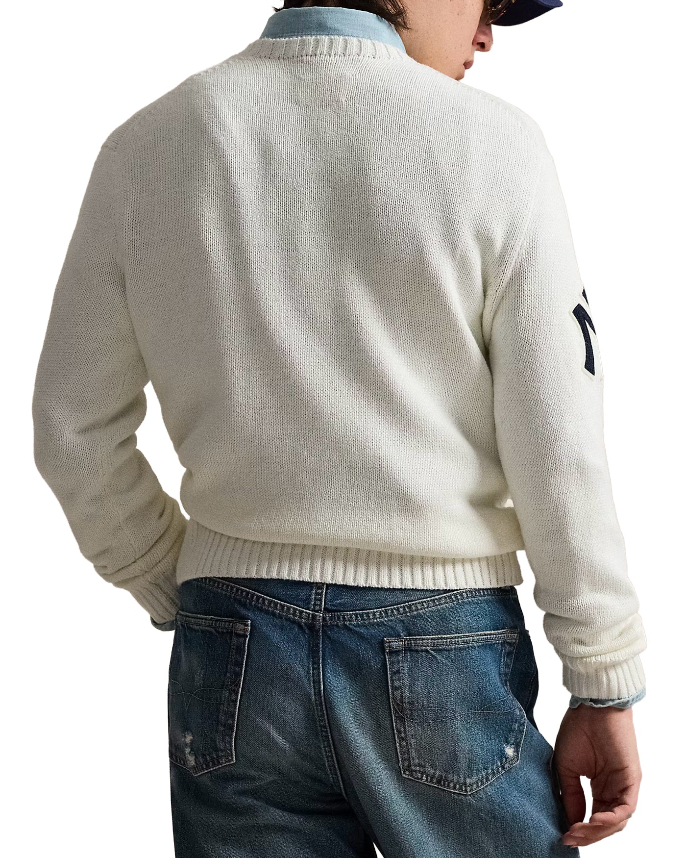 Pull col rond Ralph Lauren blanc Polo Bear Yankees logo NY dos