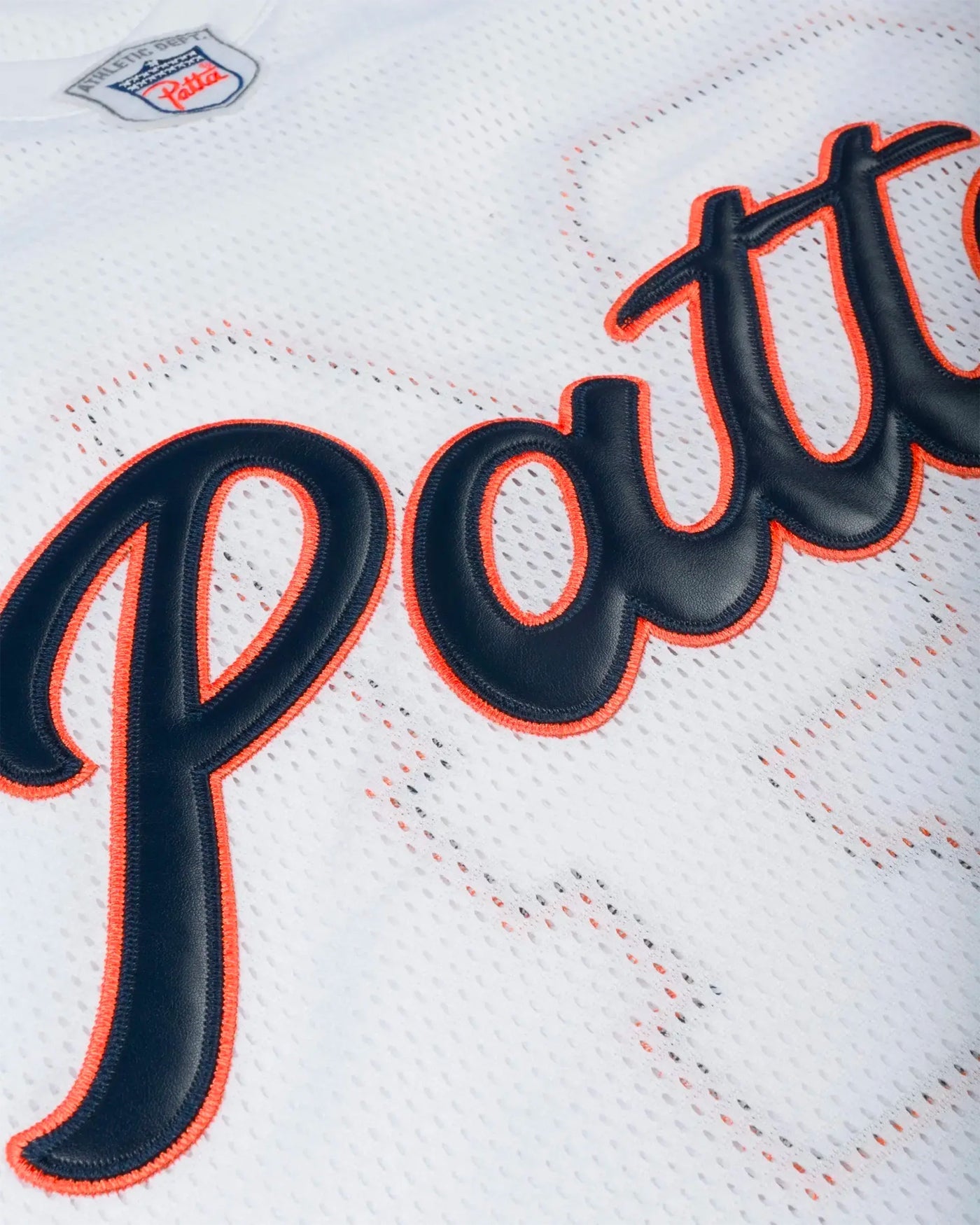 Jersey American Football Patta blanc détail broderie logo noir et orange