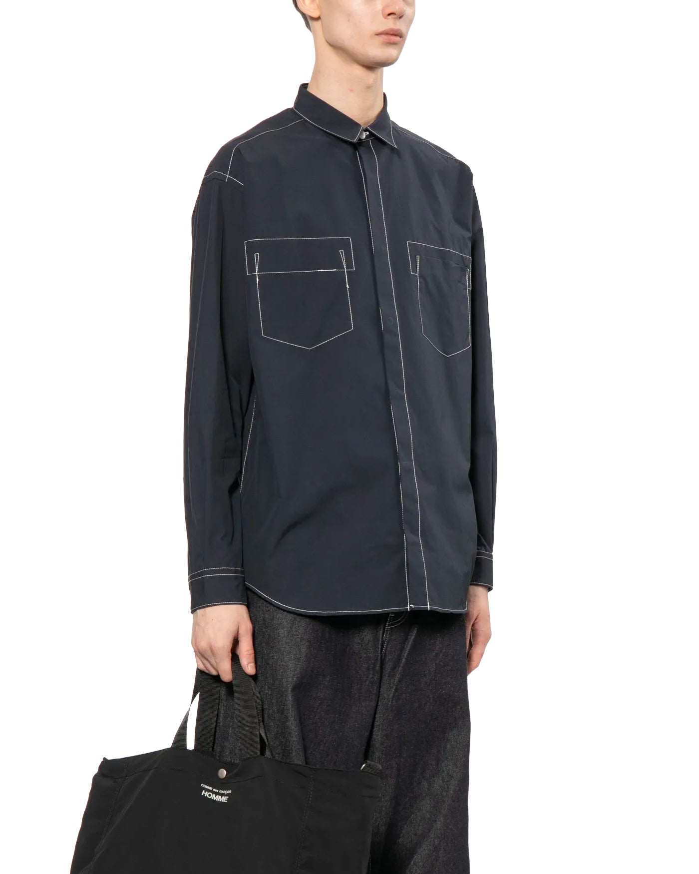 Chemise Comme des Garçons Homme navy surpiqûres blanches profil gauche