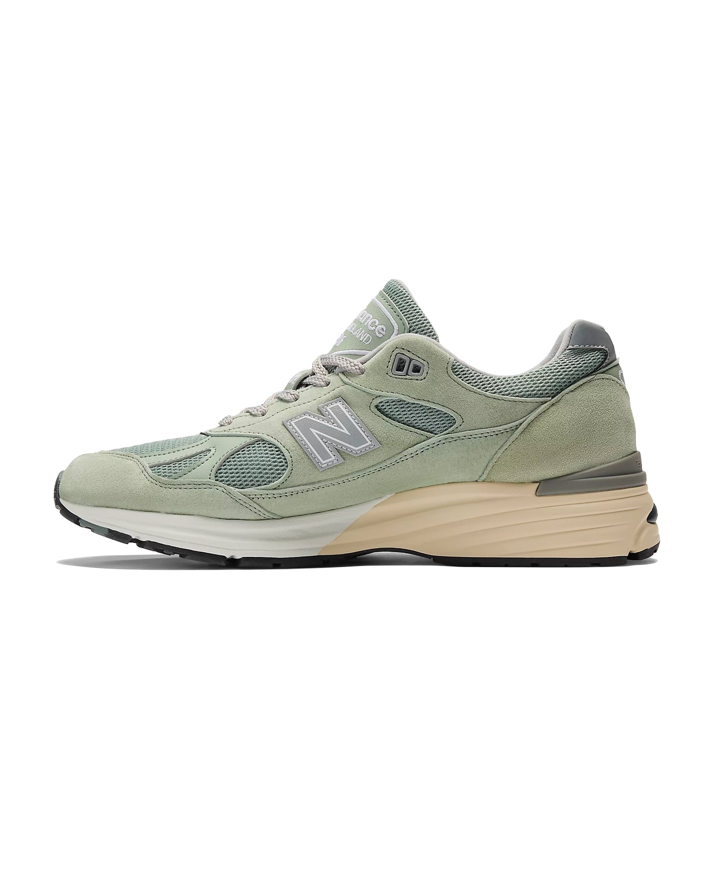 Sneakers New Balance 991v2 Made in UK vert sauge et argent profil gauche