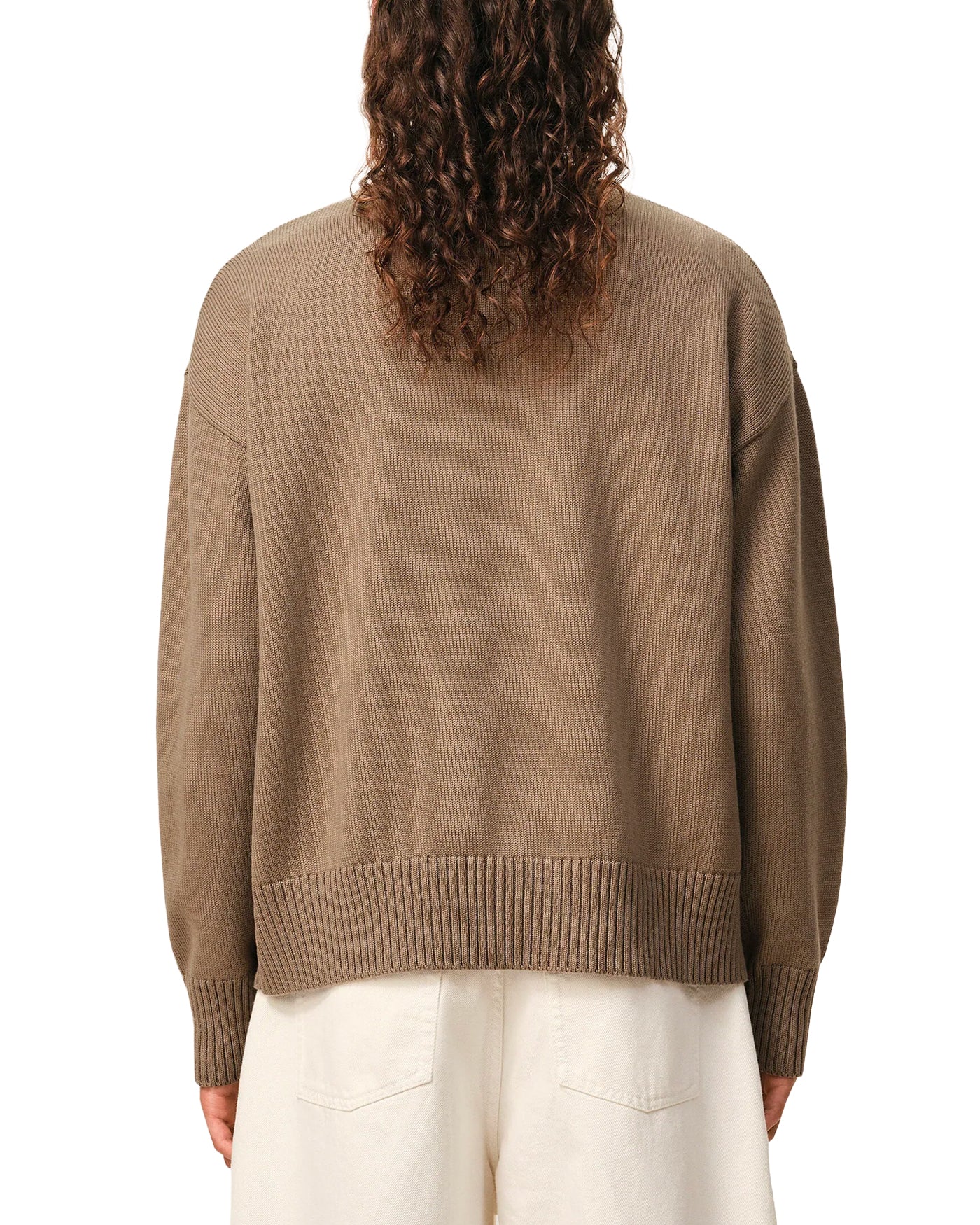 Pull col rond Ami Paris taupe maille laine coton col côtelé dos